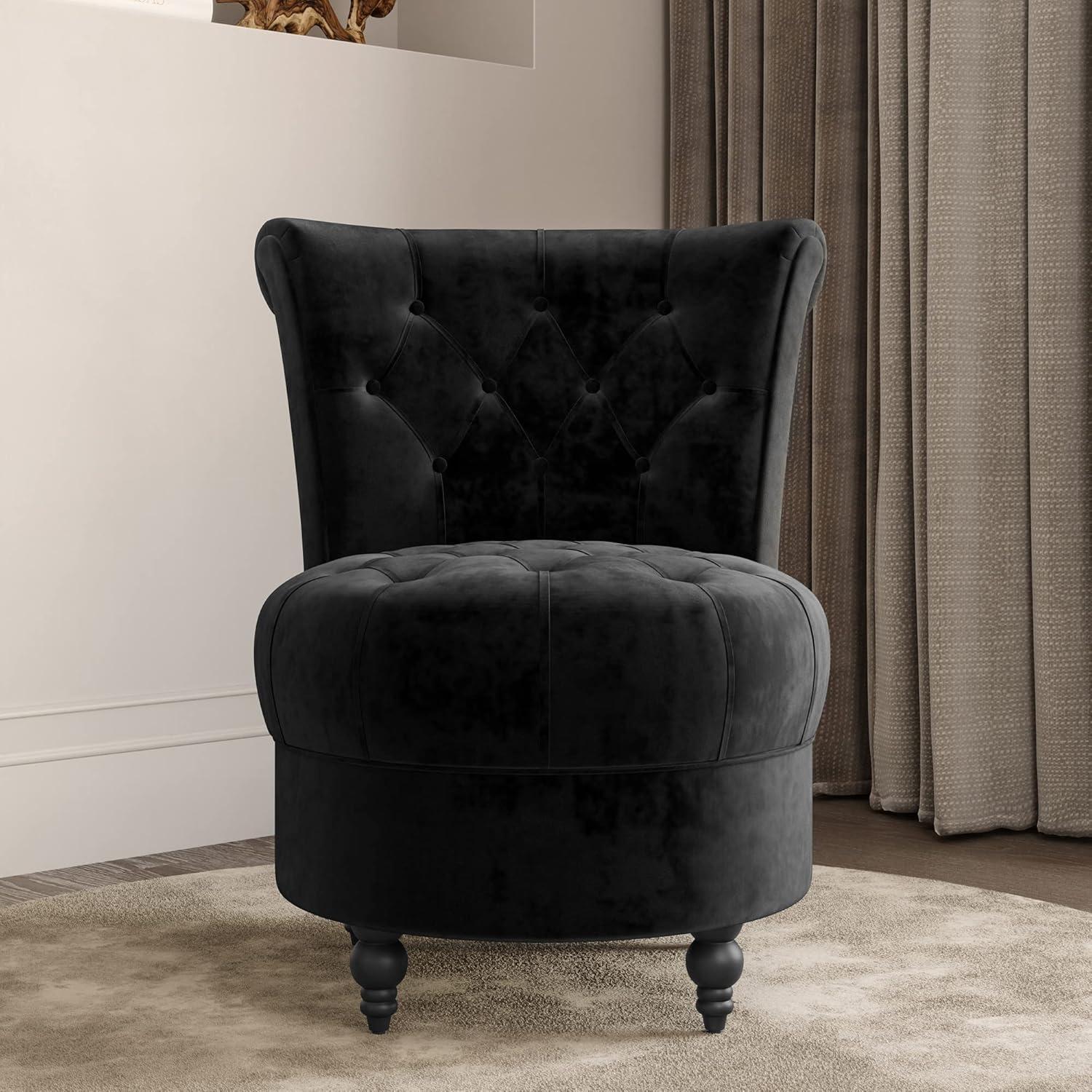 BELLEZE Throne Royal Chair Set of 2, Button-Tufted Accent Chair, Upholstered Velvet Chair, Low Back Armless Chair with Thick Padding and Rubberwood Legs - Malik (Black)