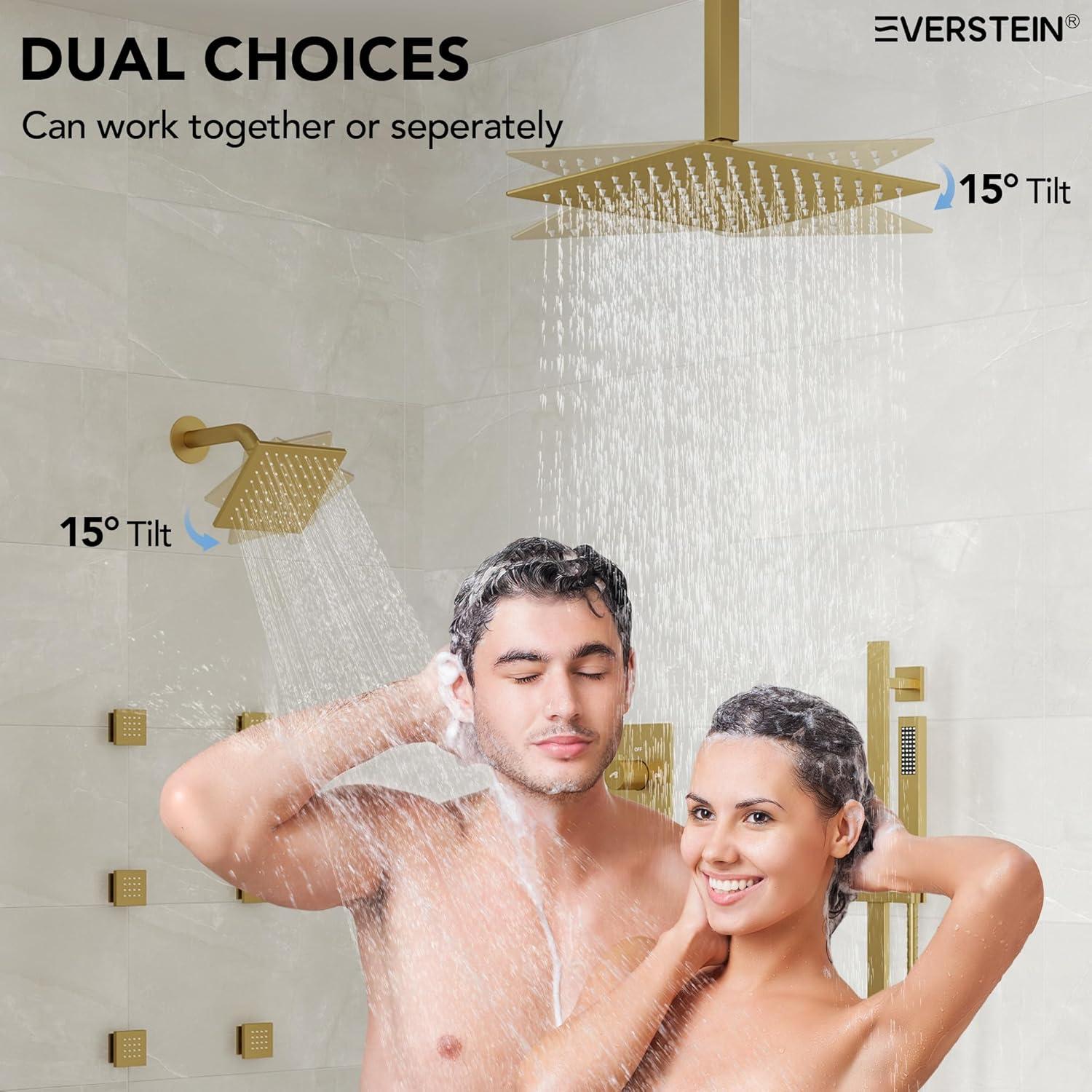 DualJetSpa 15-Spray Patterns 16" & 6" Dual Shower Head, Shower FaucetSystem with Thermostatic Rough-in Valve and Body Jets