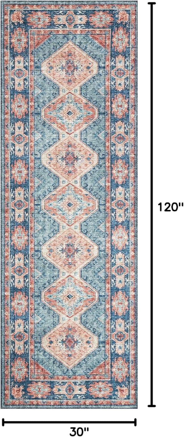 Turquoise and Terracotta Wool and Synthetic Runner Rug, 2'6"x10'