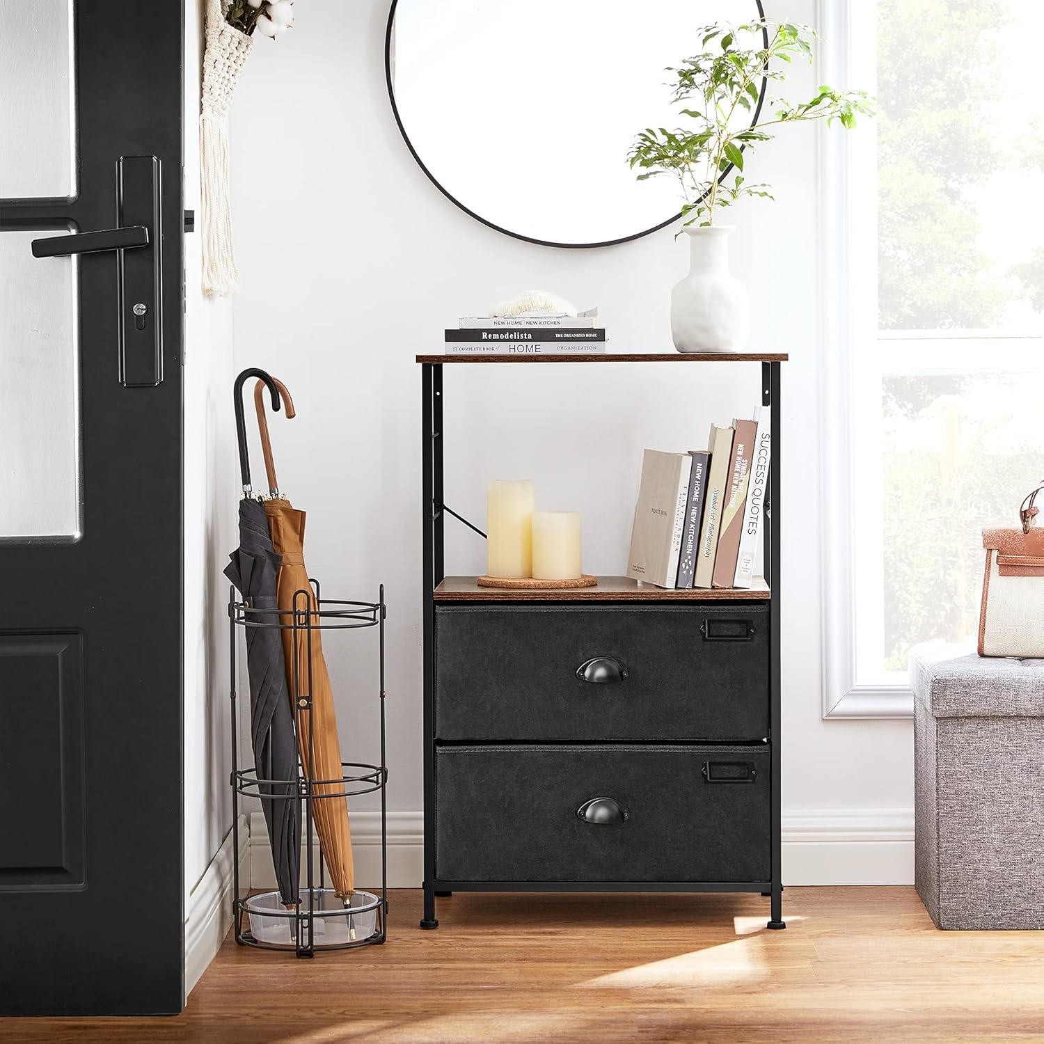 Industrial Black and Brown 2-Drawer Nightstand with Storage Shelves