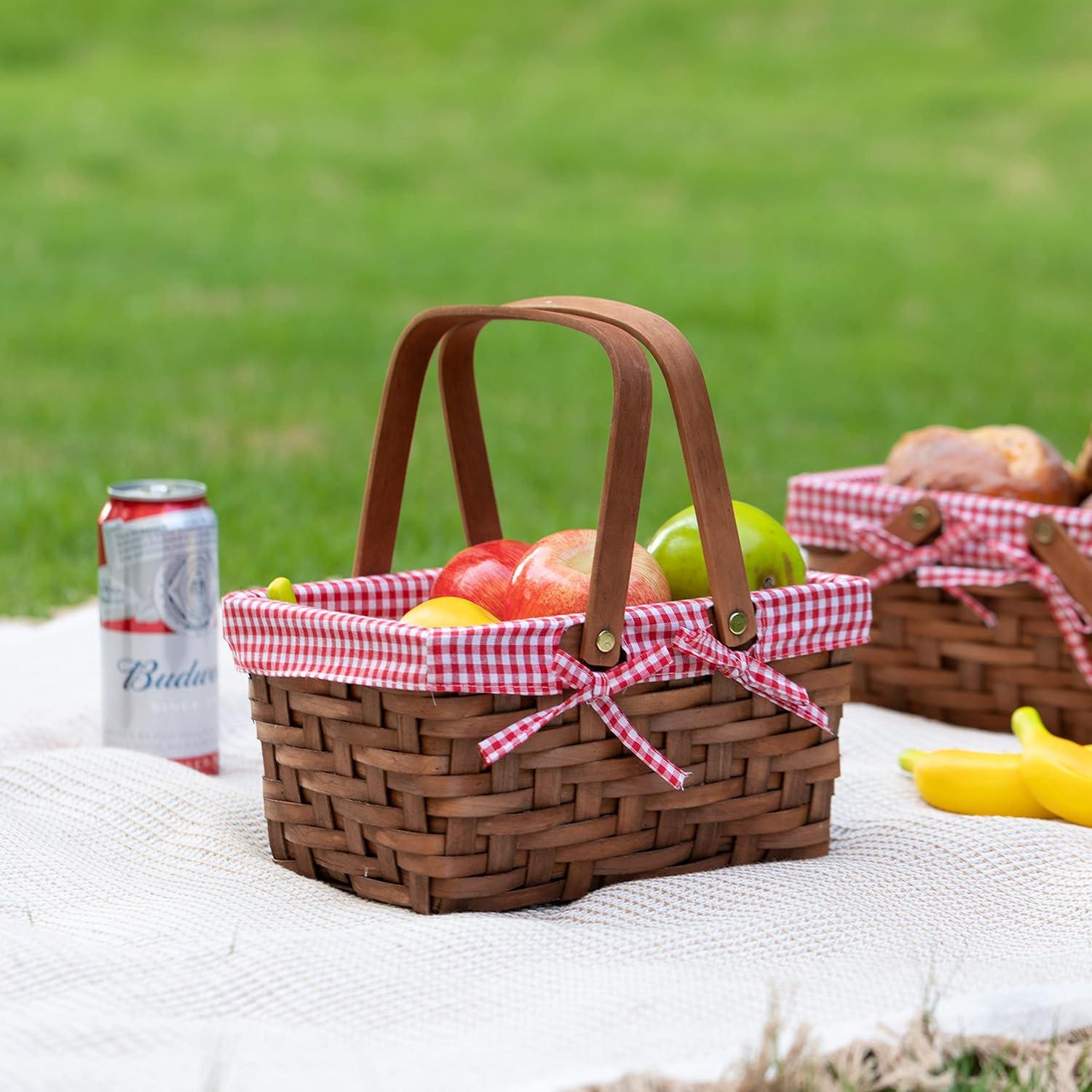 Classic Rectangular Wooden Storage Basket with Red Gingham Lining