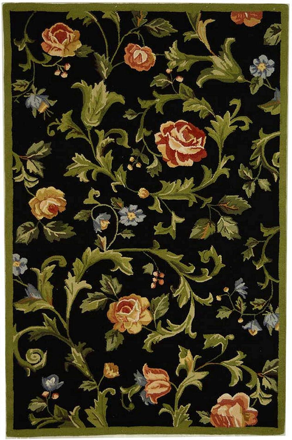 Black Floral Hand-Knotted Wool Area Rug, 3'9" x 5'9"