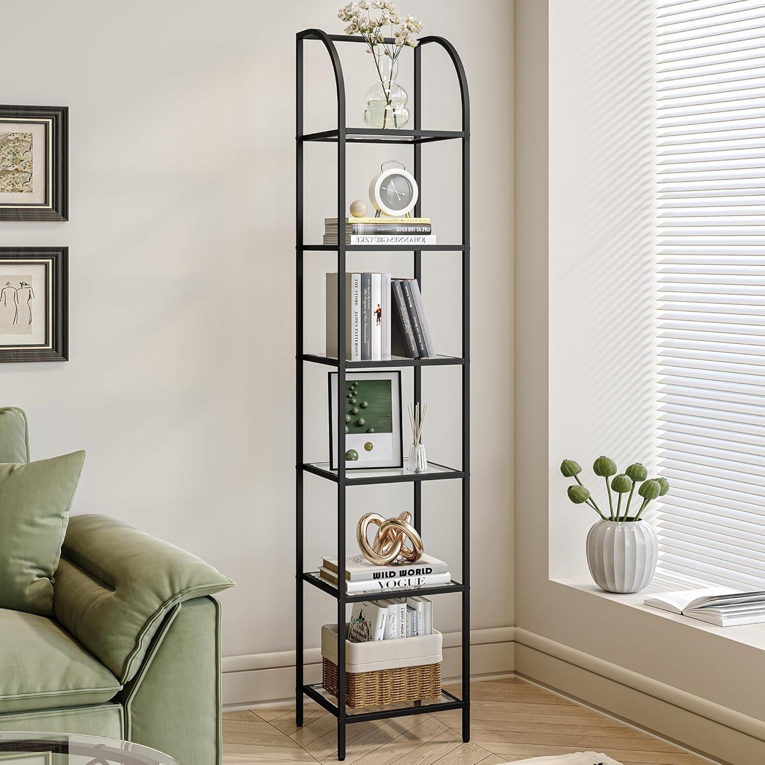 Black Tempered Glass 6-Tier Arched Bookshelf with Steel Frame