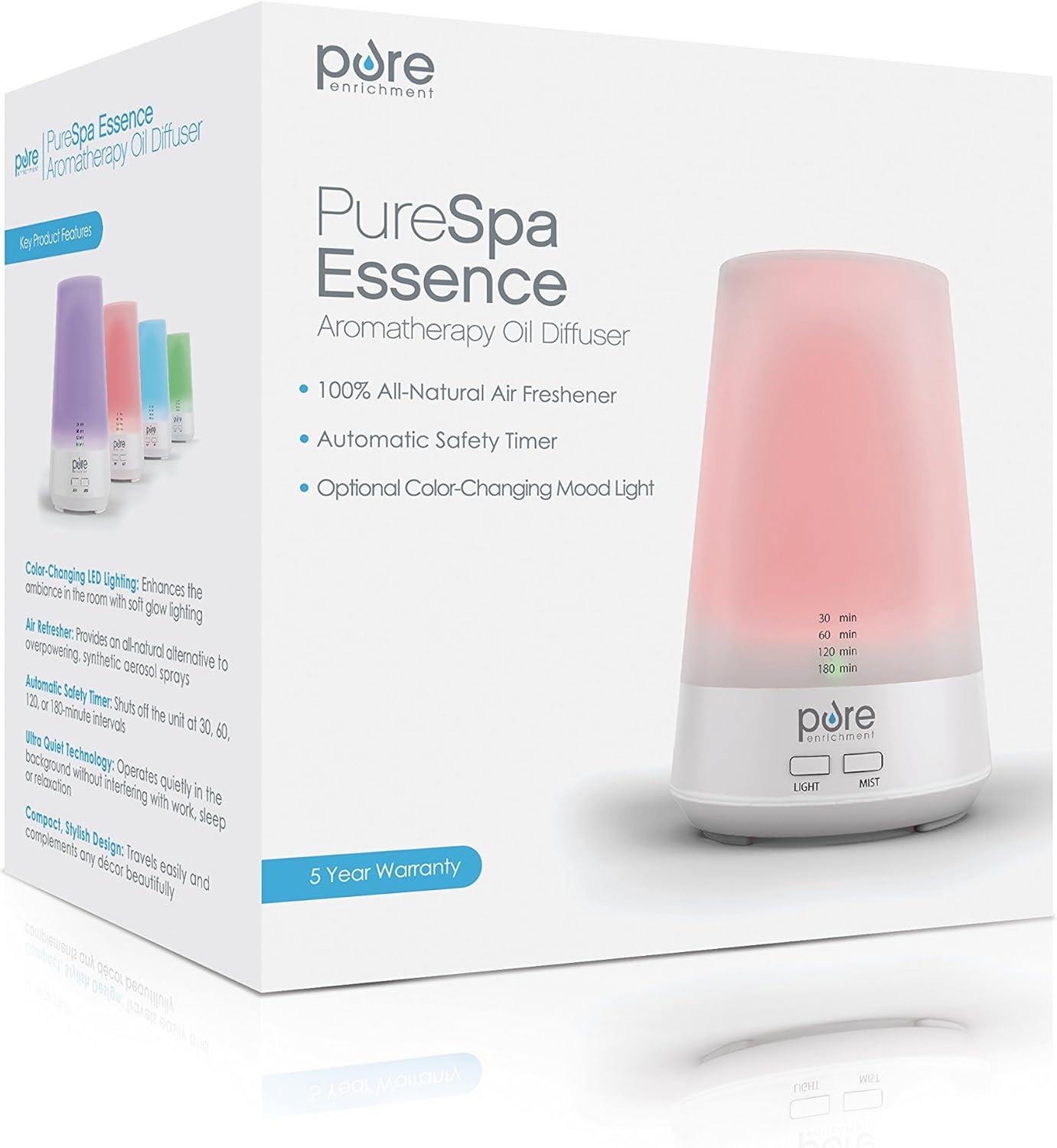 PureSpa Essence Aromatherapy Oil Diffuser – All-Natural Air Freshener with Optional Color-Changing Mood Light and Automatic Shut-Off Timer for Safe Home & Office Use