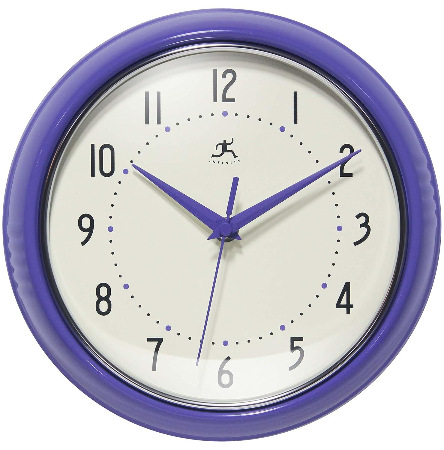 9.5" Retro Round Wall Clock Purple - Infinity Instruments: Indoor Decorative Timepiece for Kitchen