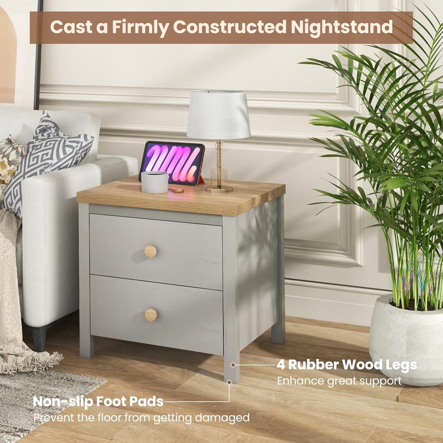 Giantex Night Stand with 2 Drawers, Farmhouse Bedside Table with Cute Round Knobs, Wooden Floor End Table with Rubber Wood Legs, Small Sofa Side Table for Small Space Kids Bedroom College, Grey