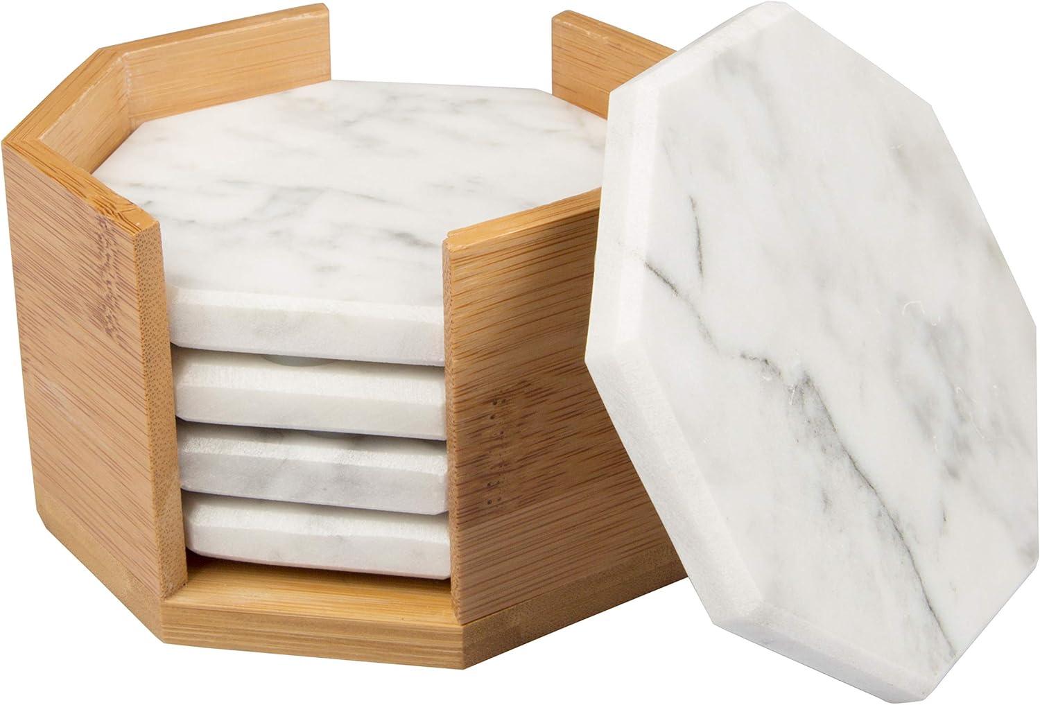 D'Eco White Carrara Marble Coasters w/ Bamboo Holder - Set of 5 - Tabletop Protection- Fits Any Size Wine Glass, Cup, Mug - Great Mother's Day Gift