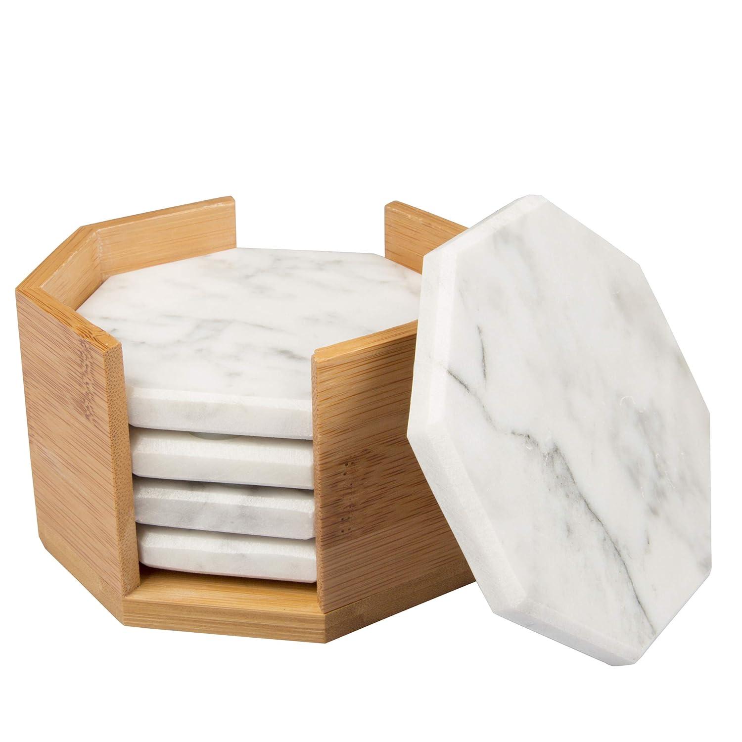 D'Eco White Carrara Marble Coasters w/ Bamboo Holder - Set of 5 - Tabletop Protection- Fits Any Size Wine Glass, Cup, Mug - Great Mother's Day Gift