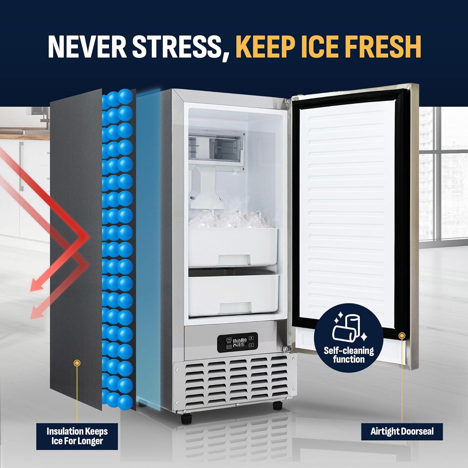 Newair 15" Undercounter 66 lbs Nugget Ice Maker, Built-in or Freestanding in Stainless Steel