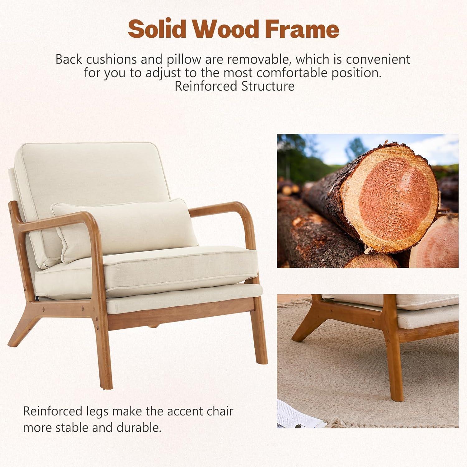 JULY'S SONG Mid-Century Wood Upholstered Fabric Solid Print Armchair, Beige (Set of 2)