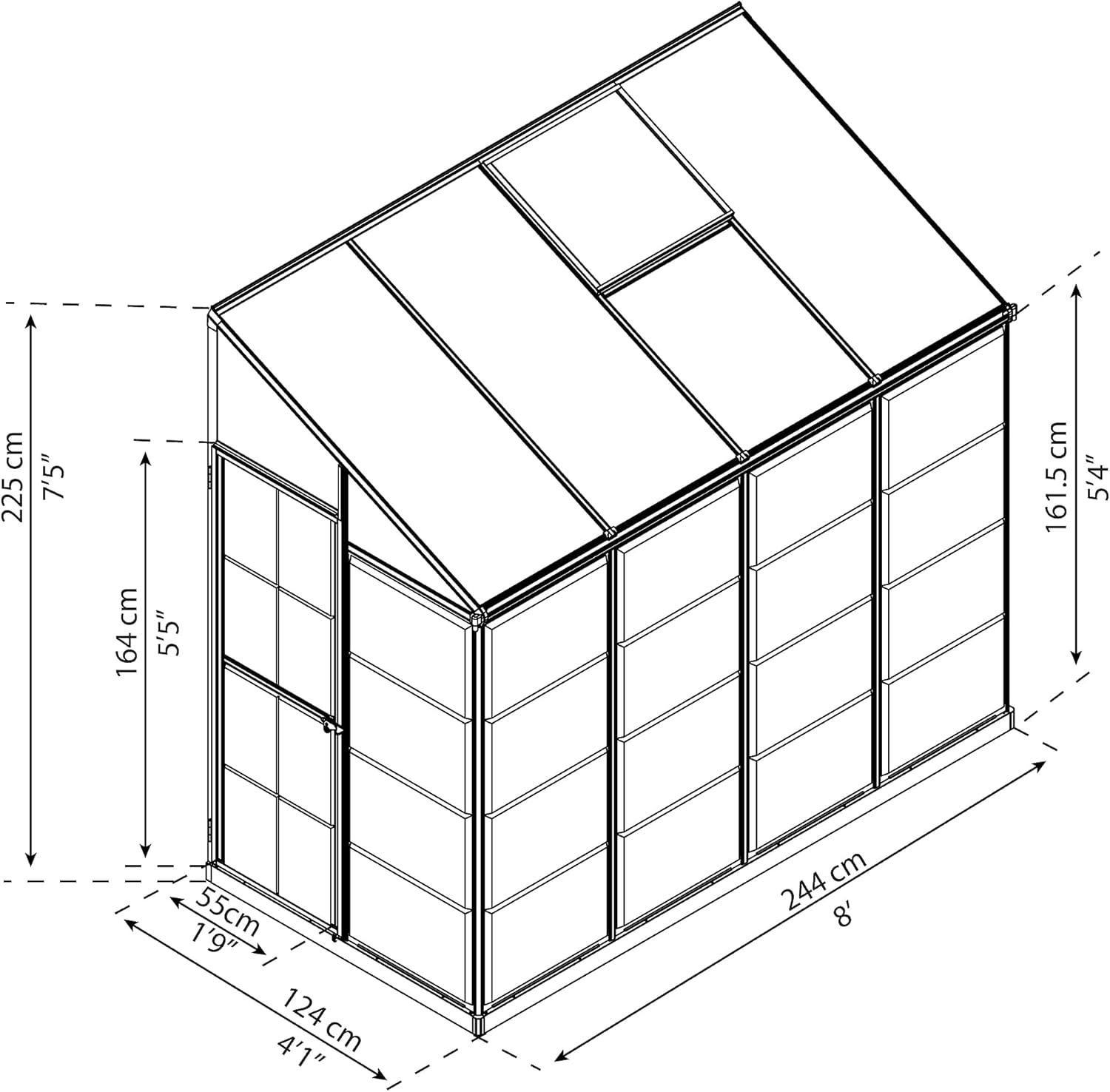 Palram Hybrid Lean-To - 4' x 8' - Silver - Walk-In Greenhouse