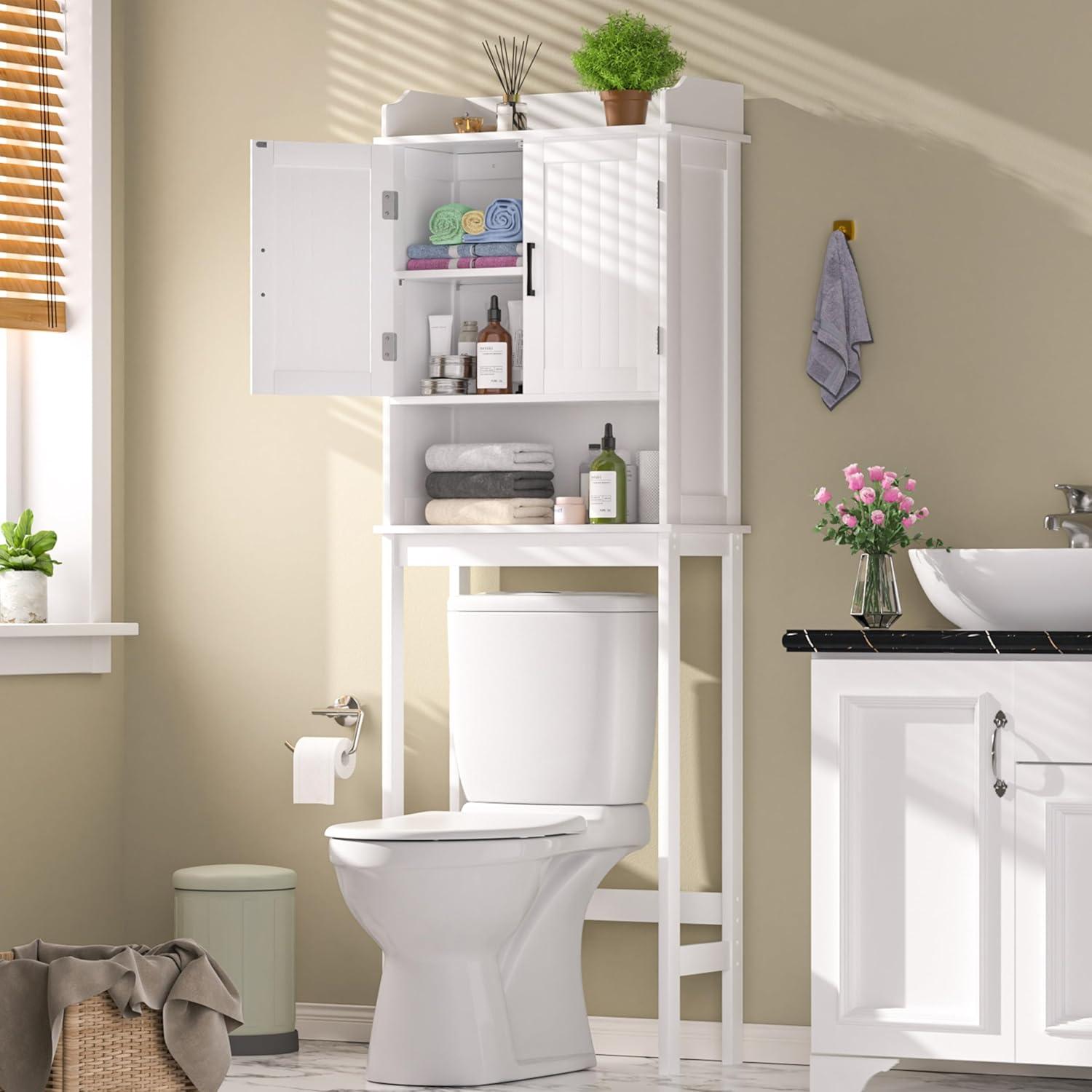 VEIKOUS Over The Toilet Storage Cabinet, Bathroom Space Saver w/Adjustable Shelf & Rack, White