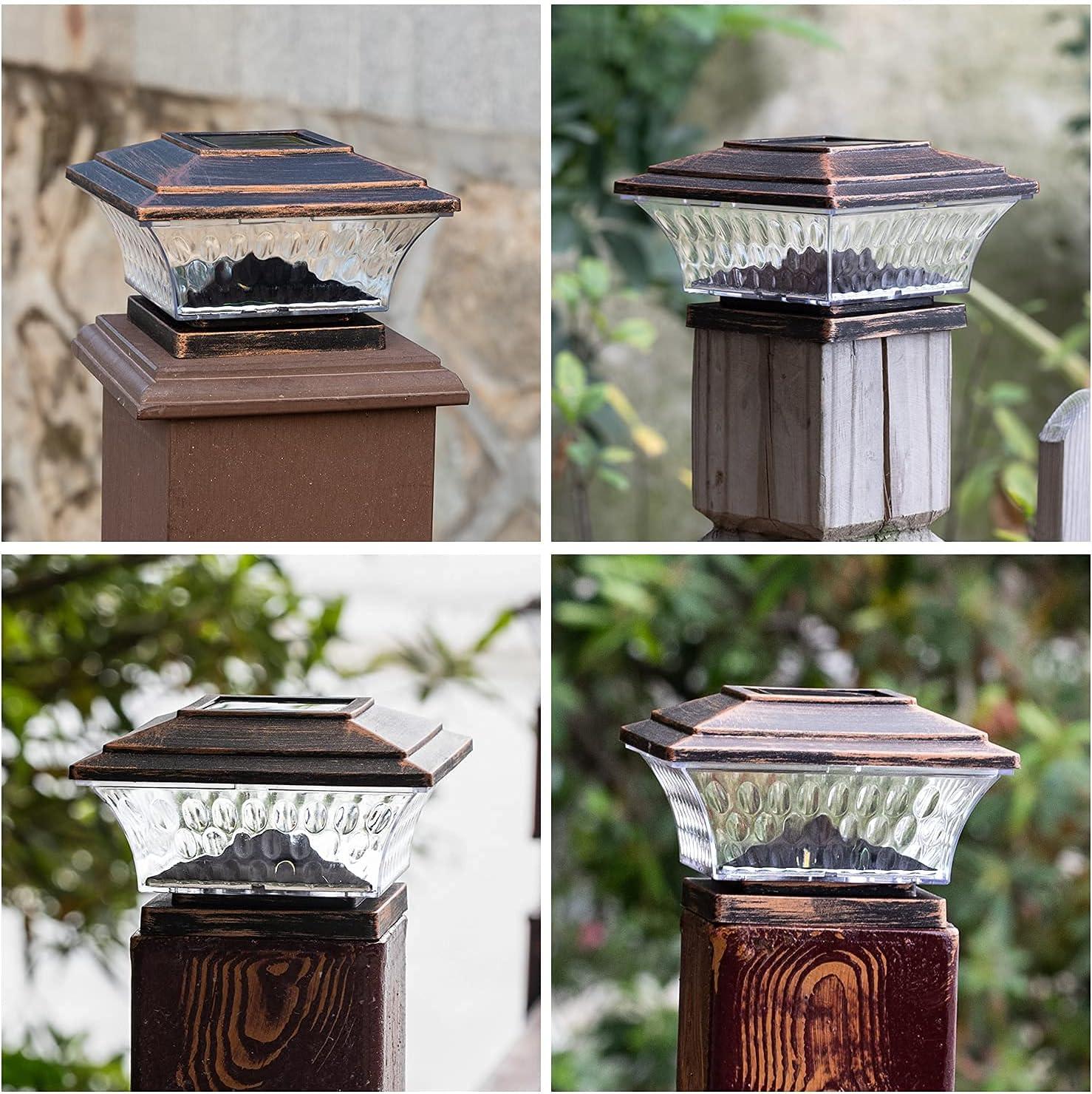 HUYIENO Solar Post Cap Lights Outdoor LED Lighting Deck Fence Cap Light Two Light Modes Warm White/Bright White Suitable for 4x4 Wooden Posts Brushed Copper 4PK