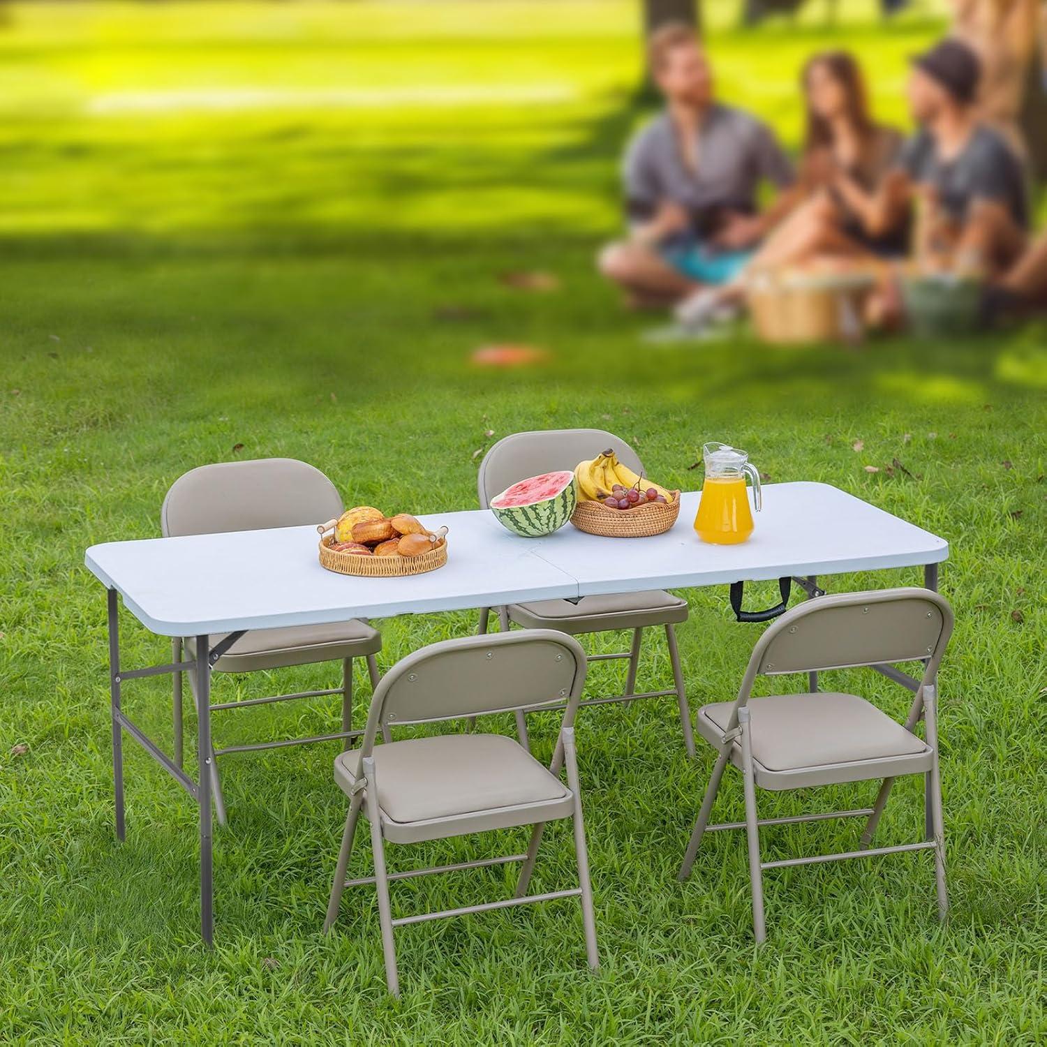 4 ft Portable Folding Table, Idustrial Heavy-Duty Foldable Table, HDPE Plastic Table, with Carrying Handle, Locks, Stright Legs for Indoor & Outdoor Party, Barbeque, Camping, Board Games - White