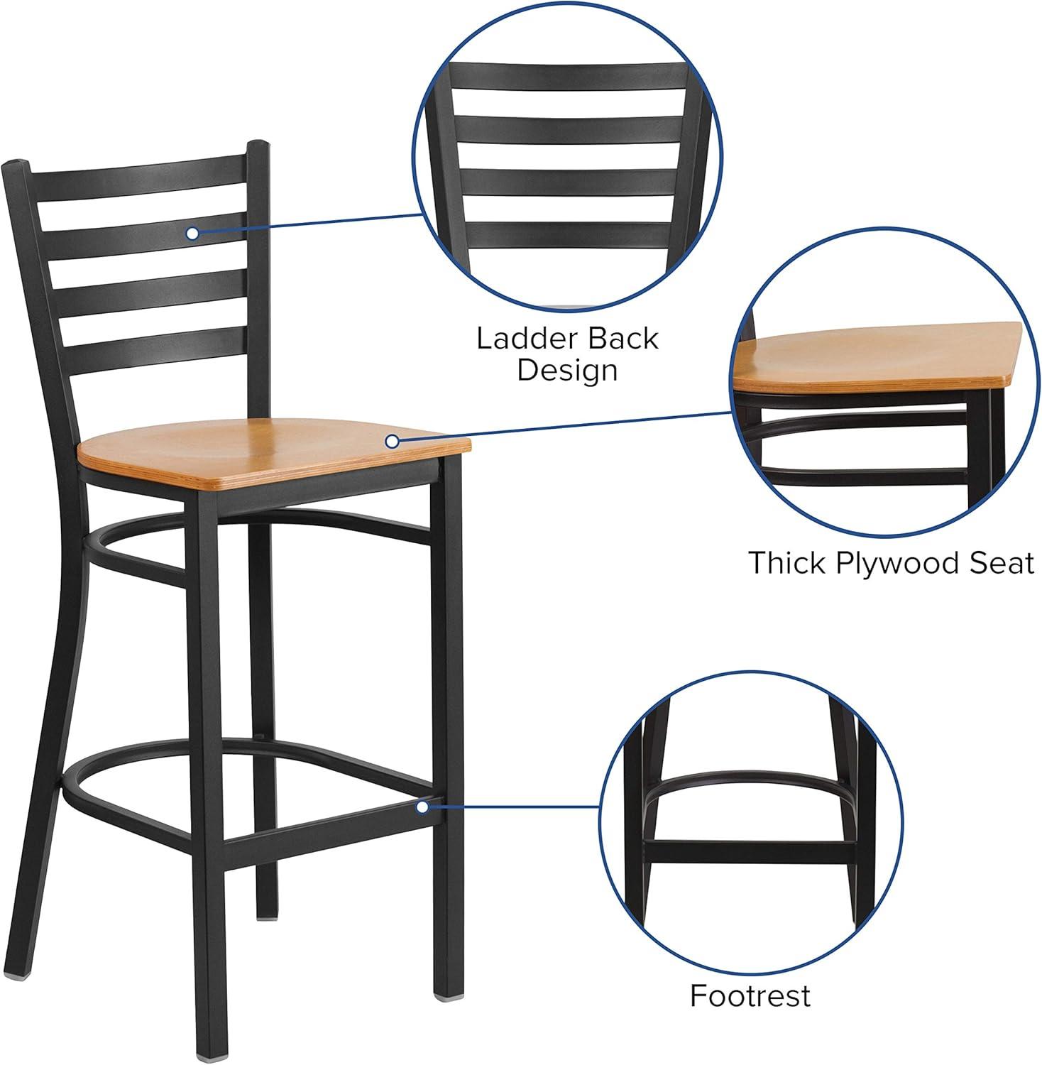 Flash Furniture HERCULES Series Black Ladder Back Metal Restaurant Barstool - Natural Wood Seat