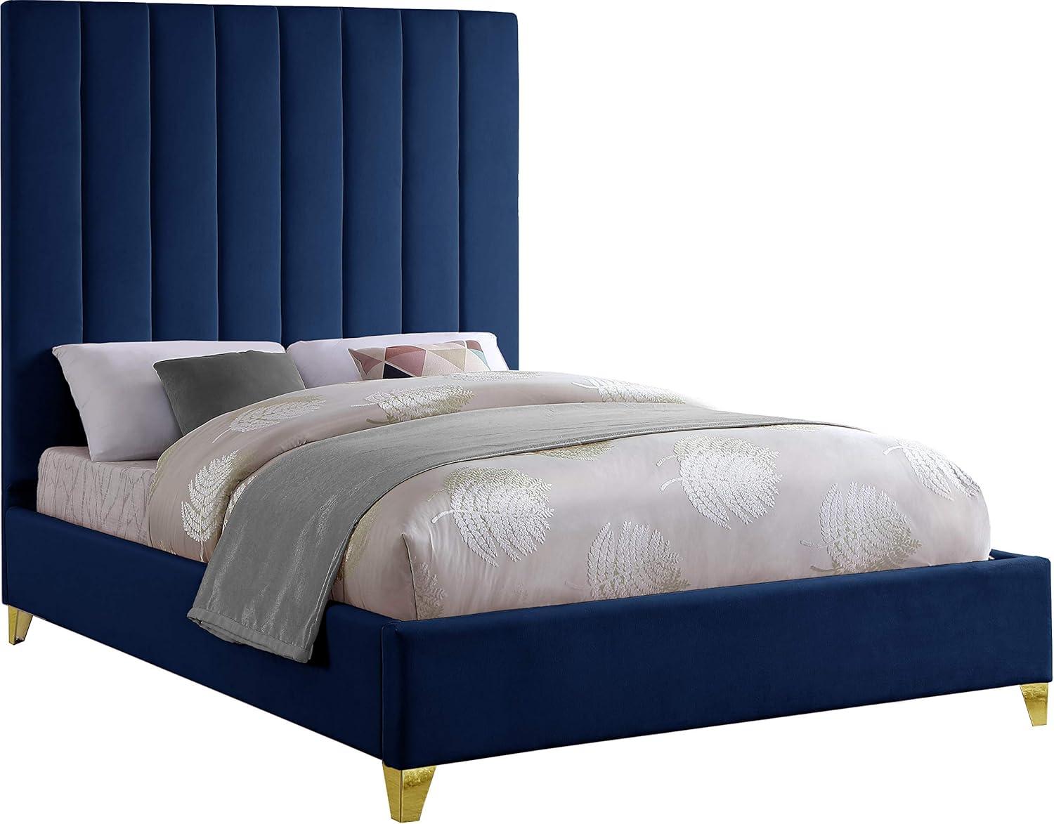 Navy Velvet Upholstered King Bed with Tufted Headboard