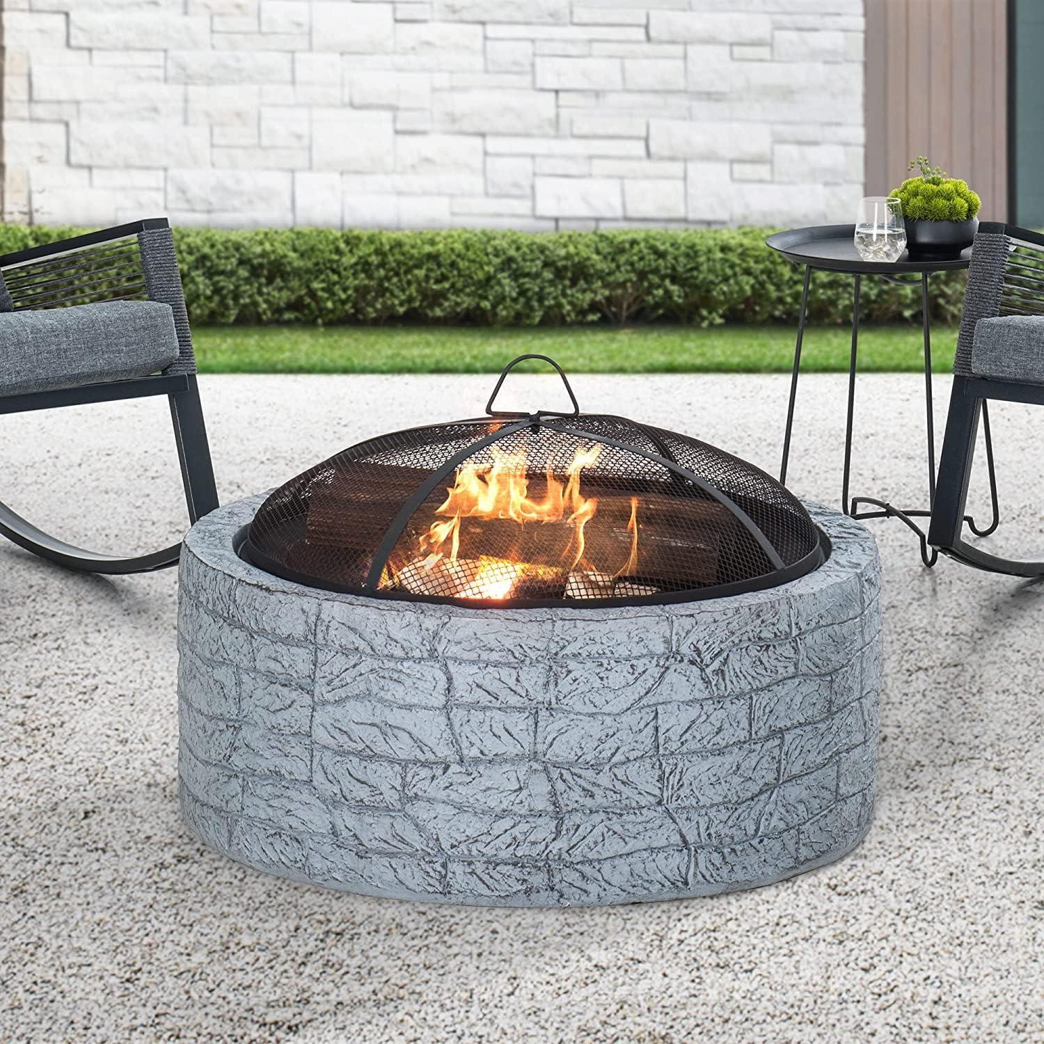 Sunjoy Stone Fire Pit 26 Inch, Outdoor Round Wood Burning Fire Pits with Spark Screen and Poker  Tan