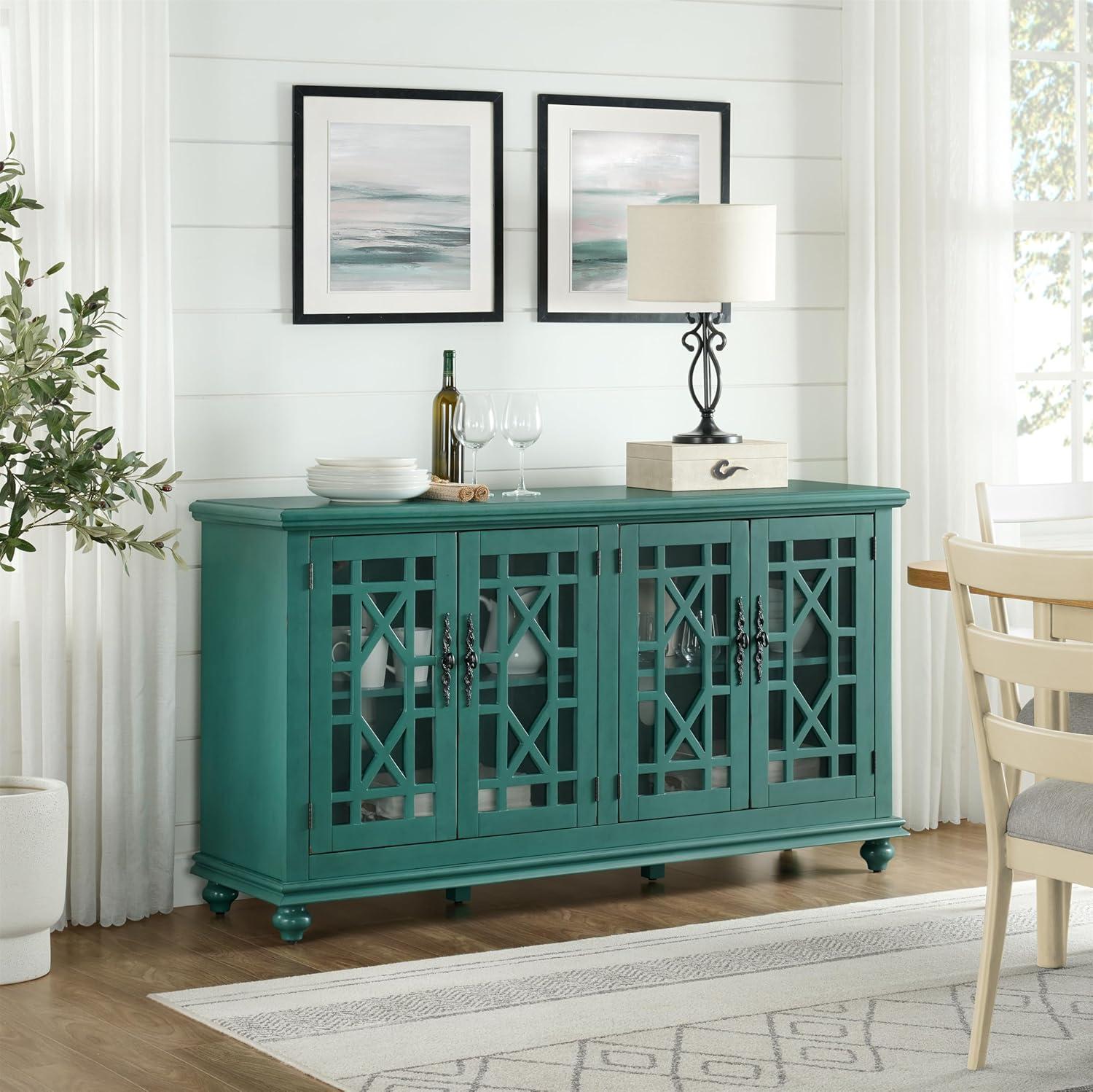 Teal 63" TV Stand with Glass Cabinet Doors