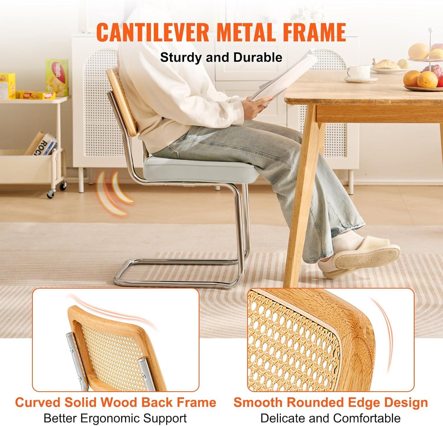 VEVOR Rattan Chairs Set of 2, Mid Century Modern Dining Chair, Upholstered Velvet Accent Chair with Rattan Back, Retro Kitchen Chair for Living Room, Bedroom (18.1 Inch)