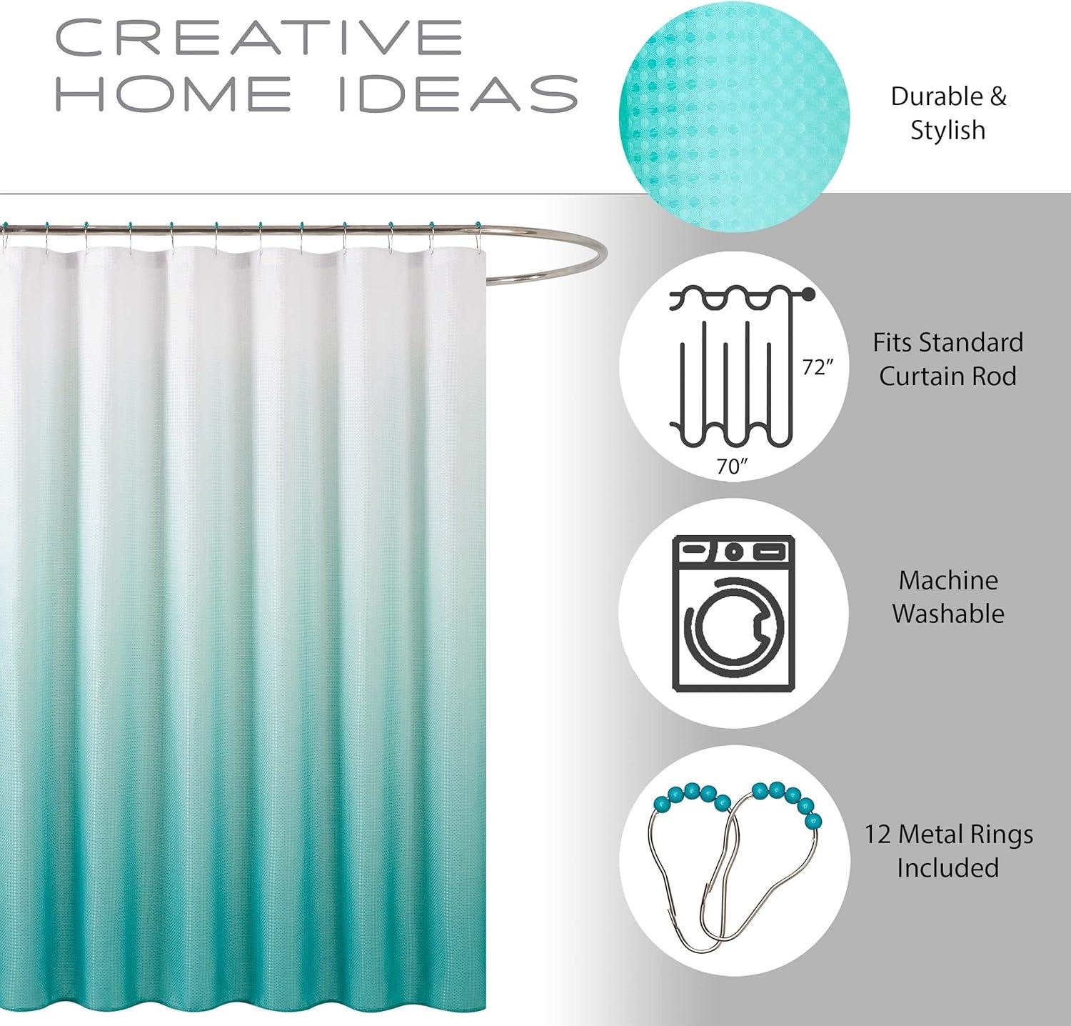 Creative Home Ideas Bathroom Sets with Shower Curtain and Rugs| Shower Curtain Sets with Rugs, Shower Curtain, Liner Set, 2 Chenille Bathmats and 12 Hooks | 70 x72 | White/Turquoise Ombre