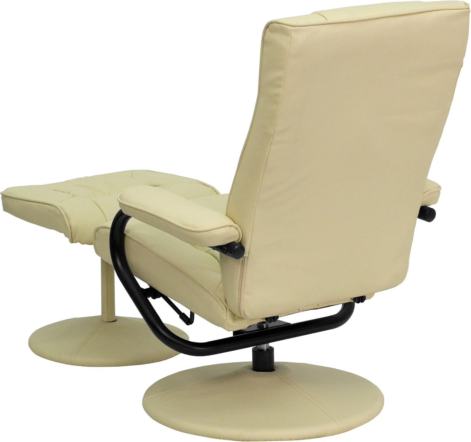 Cream Leather Swivel Recliner with Ottoman and Metal Base