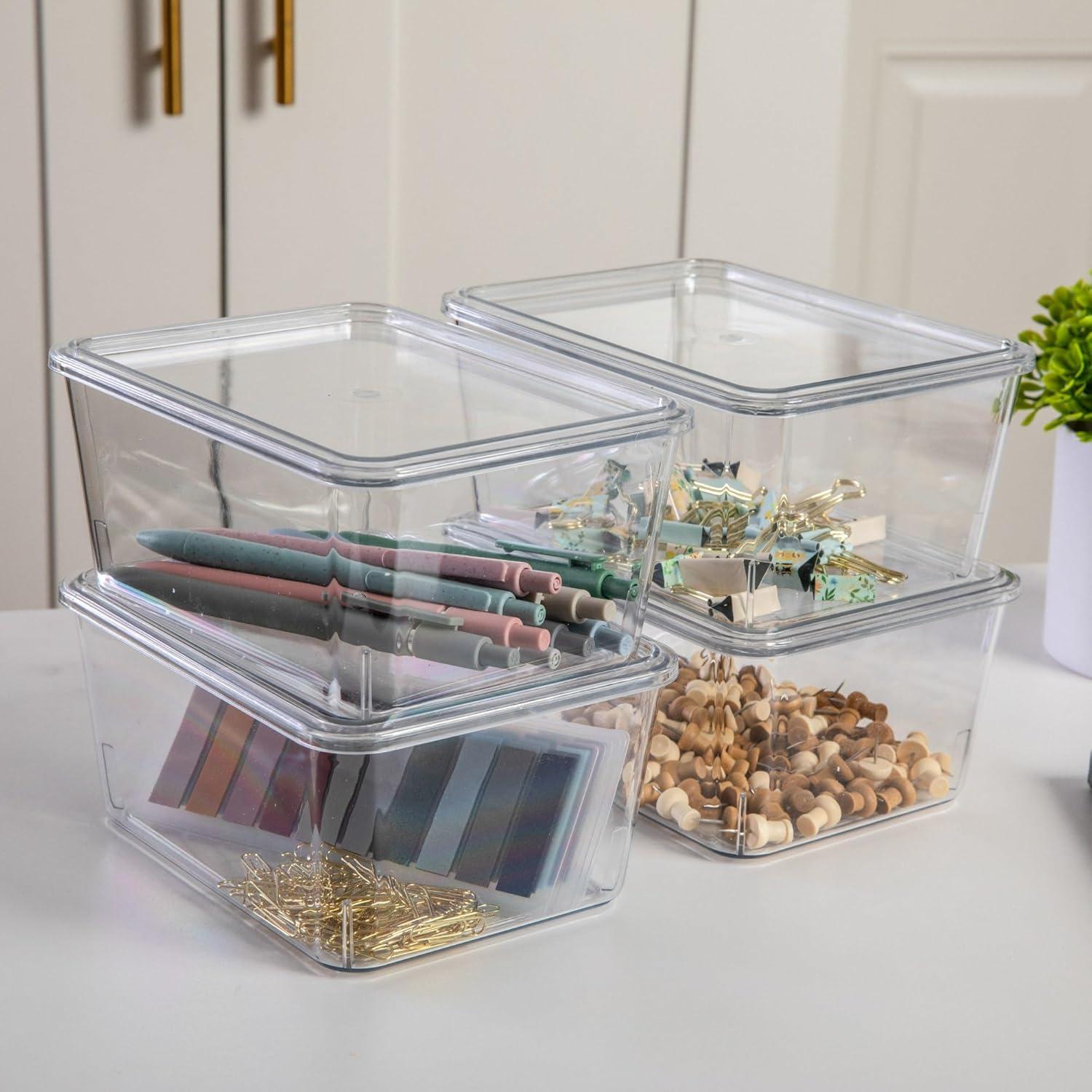 Clear Stackable Plastic Storage Boxes with Lids, 4 Pack