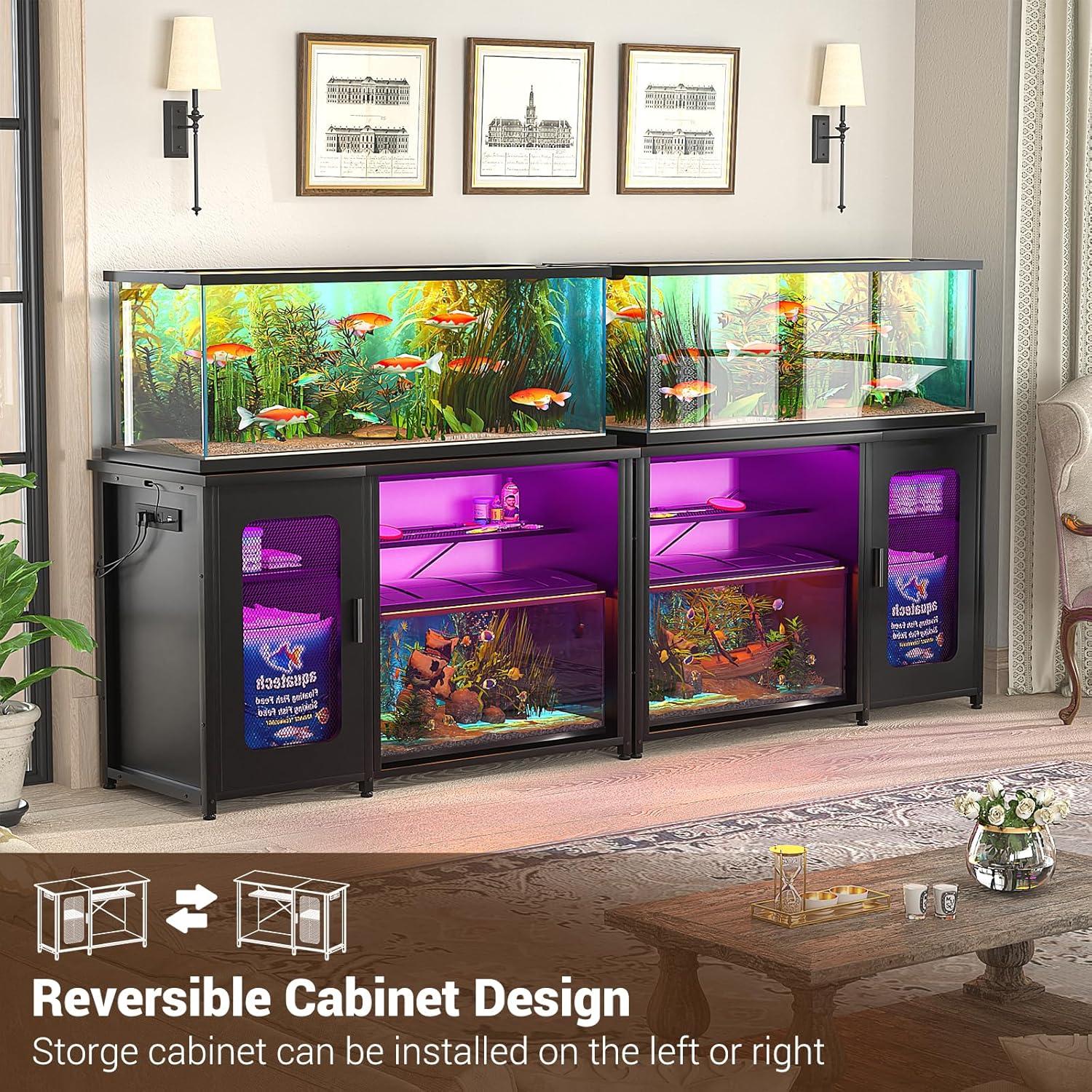 Black Metal Aquarium Stand with Cabinet and LED Light for 55-75 Gallon Tanks