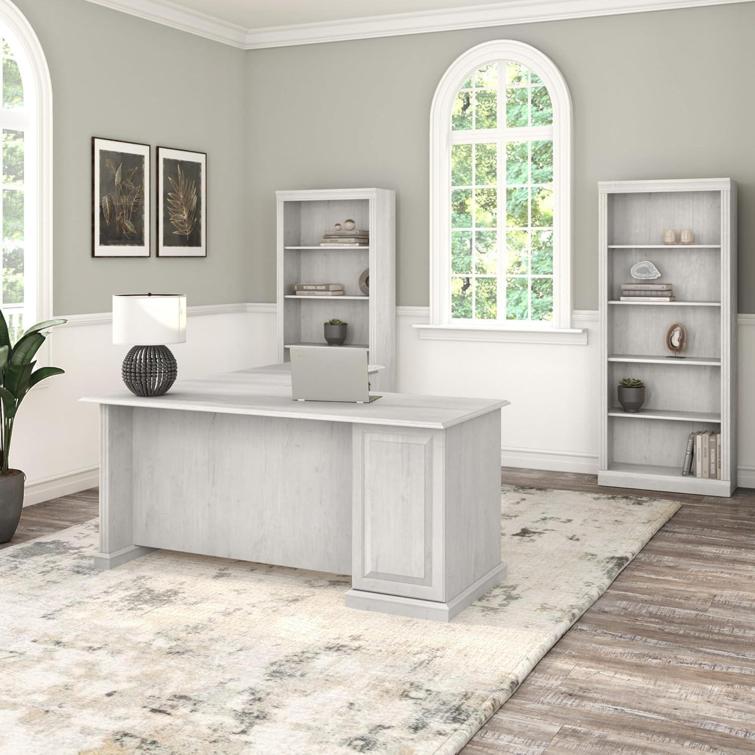 Bush Furniture Saratoga L Shaped Computer Desk with Drawers in Linen White