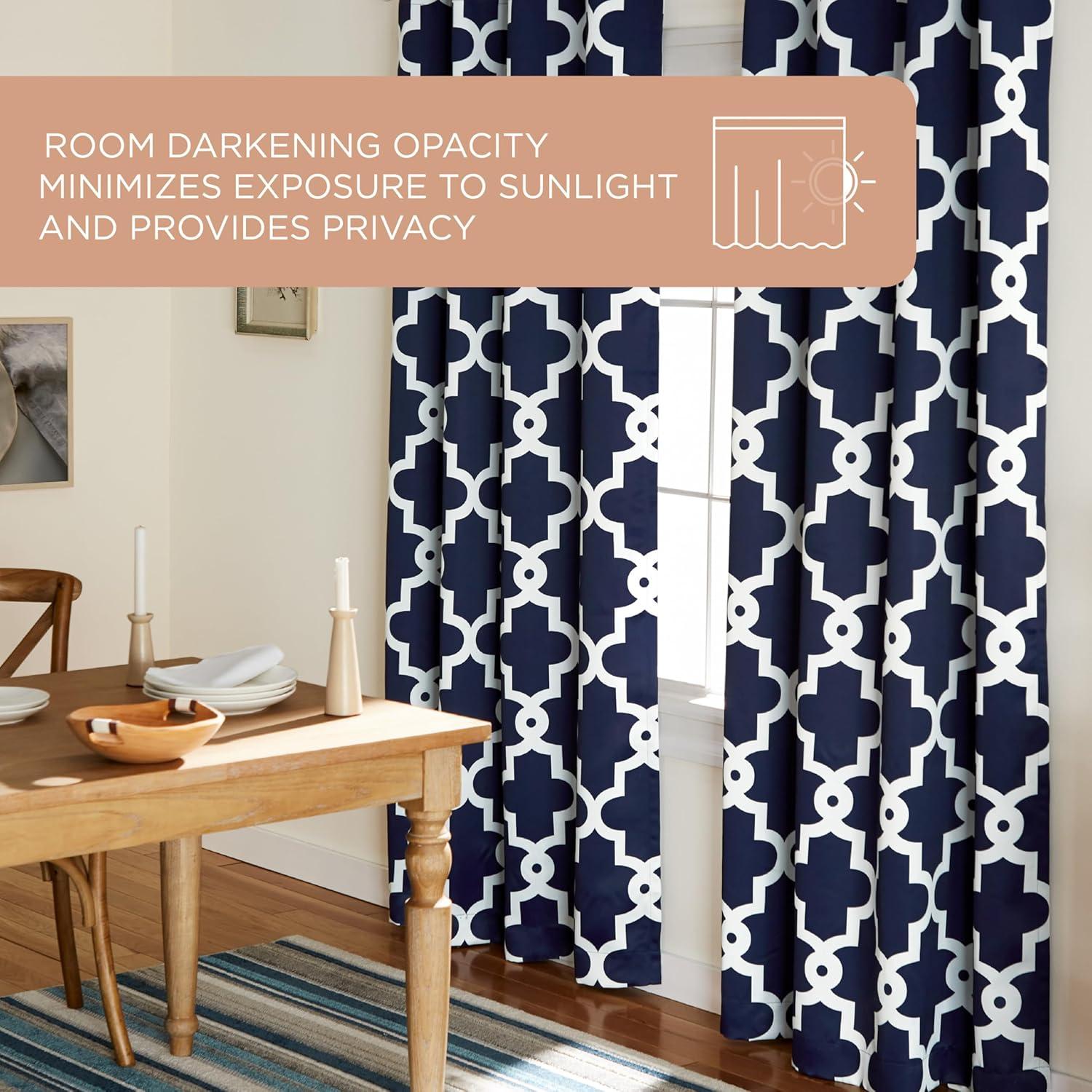 TOWN & COUNTRY EVERYDAY Ironwork Geo Trellis Sateen Indoor Curtains, Room Darkening Blackout, Grommet Top, Energy Efficient, 2-Pack Set, 52"x96", Peacoat Blue