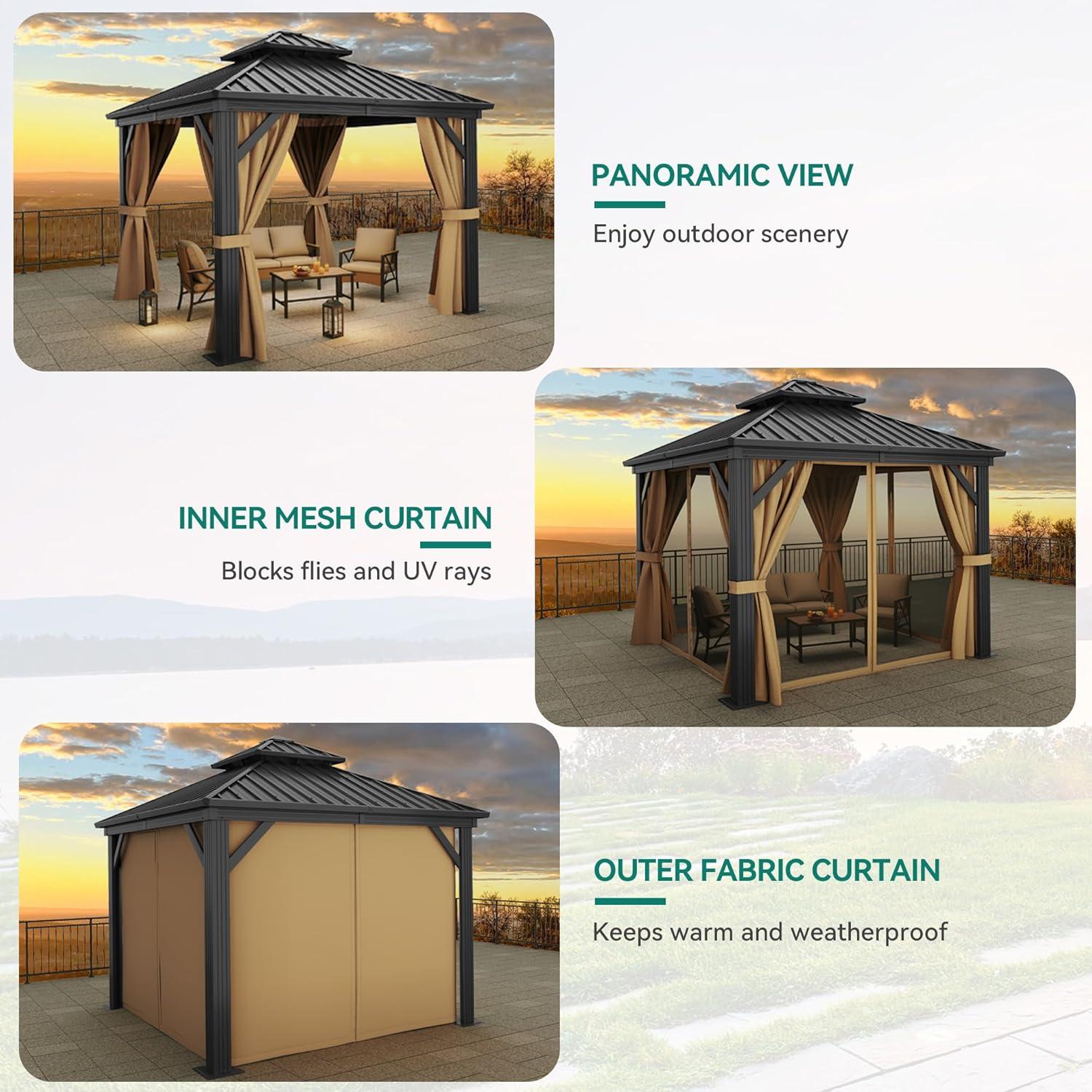 Dextrus 10x10ft Gazebo Double Roof Canopy with Netting and Curtains, Outdoor Gazebo 2-Tier Hardtop Galvanized Iron Aluminum Frame Garden Tent for Patio, Backyard, Deck and Lawns