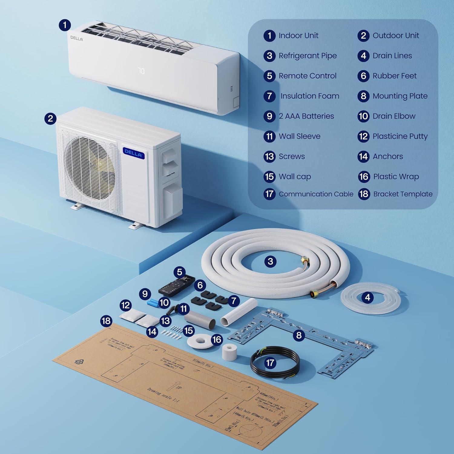 DELLA 18K BTU ODU 2 Zone 9000 12000 BTU 19 SEER 208/230V Cools Up to 950 Sq.Ft Wifi Energy Efficient Multi Zone Ductless Mini Split Air Conditioner Heat Pump Full Set with 16ft Installation Kits