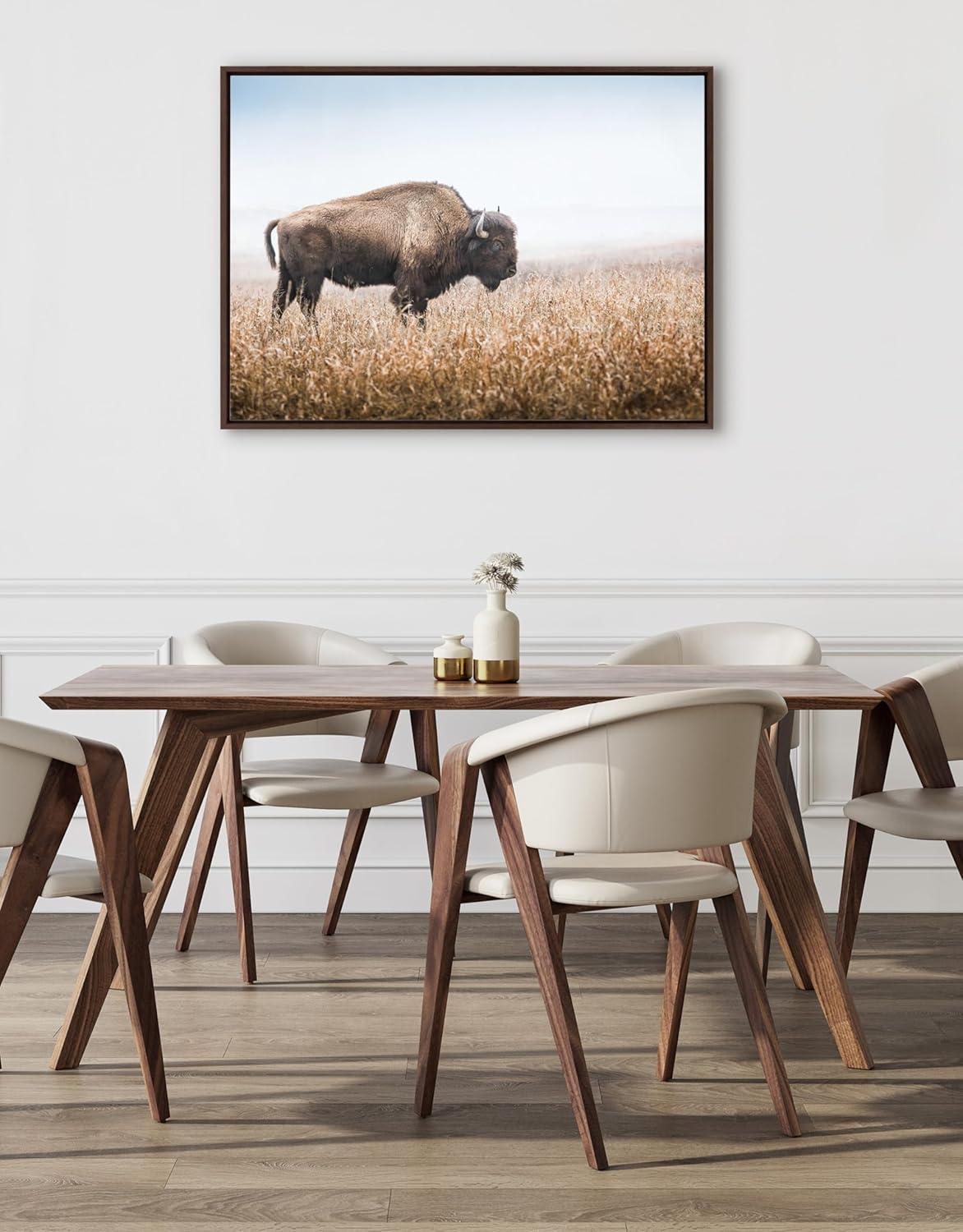 Kate & Laurel All Things Decor Sylvie American Bison Buffalo in Prairie Grass Framed Canvas Wall Art Brown