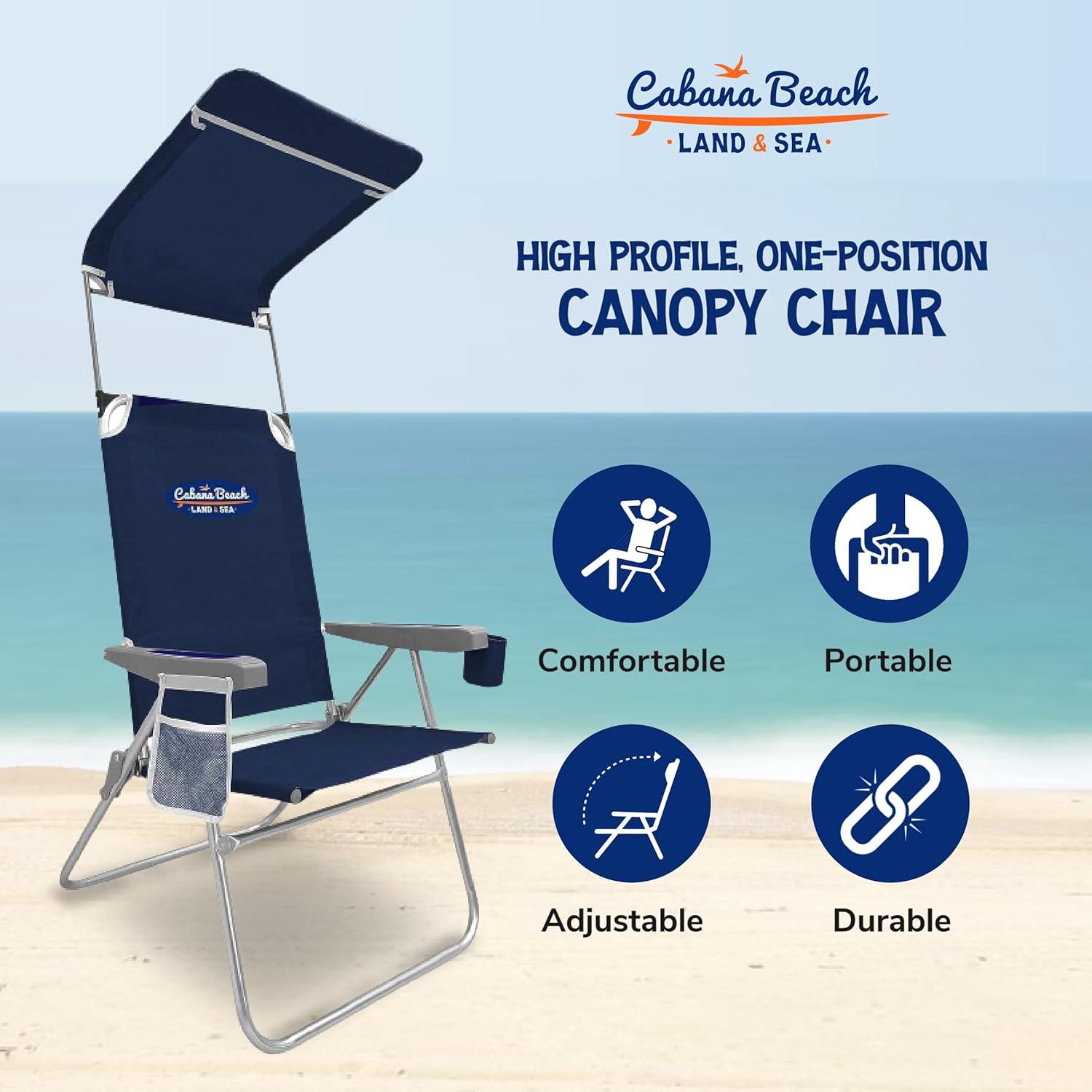 Cabana Beach High Back Beach Chair with Canopy, 225lb Capacity, Navy