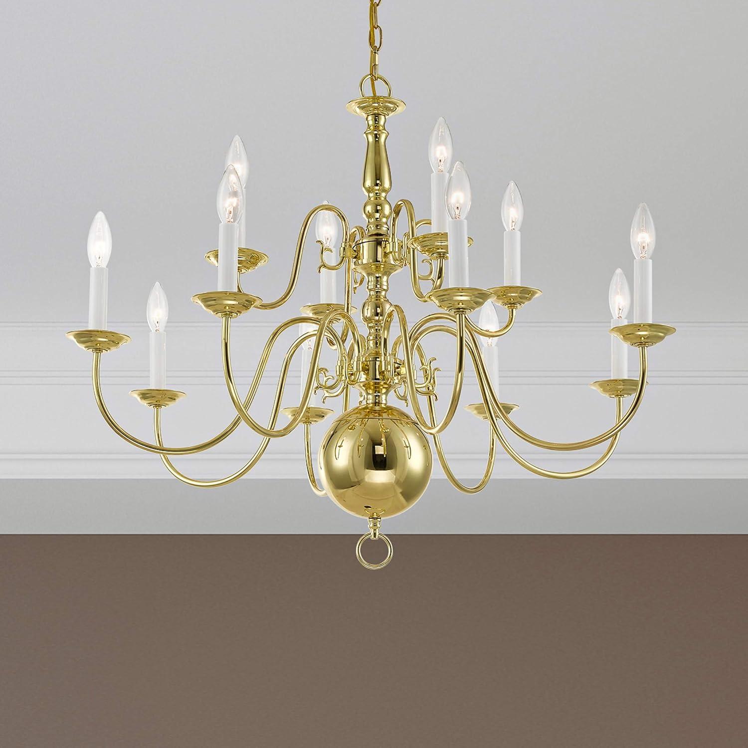 Elegant Colonial 12-Light Polished Brass Chandelier with Candelabra Base