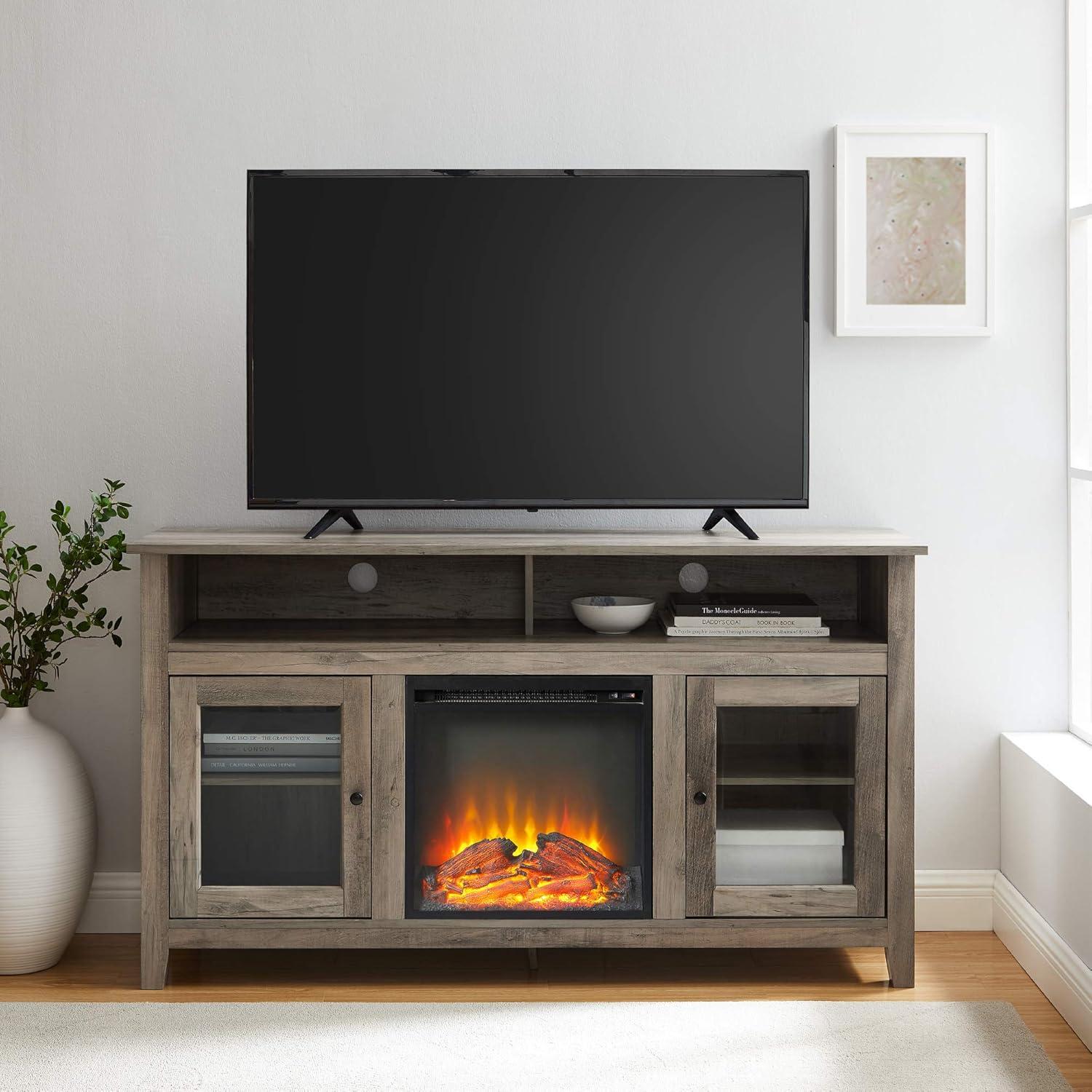 Wasatch 58" Transitional Fireplace Glass Wood TV Stand in Gray Wash