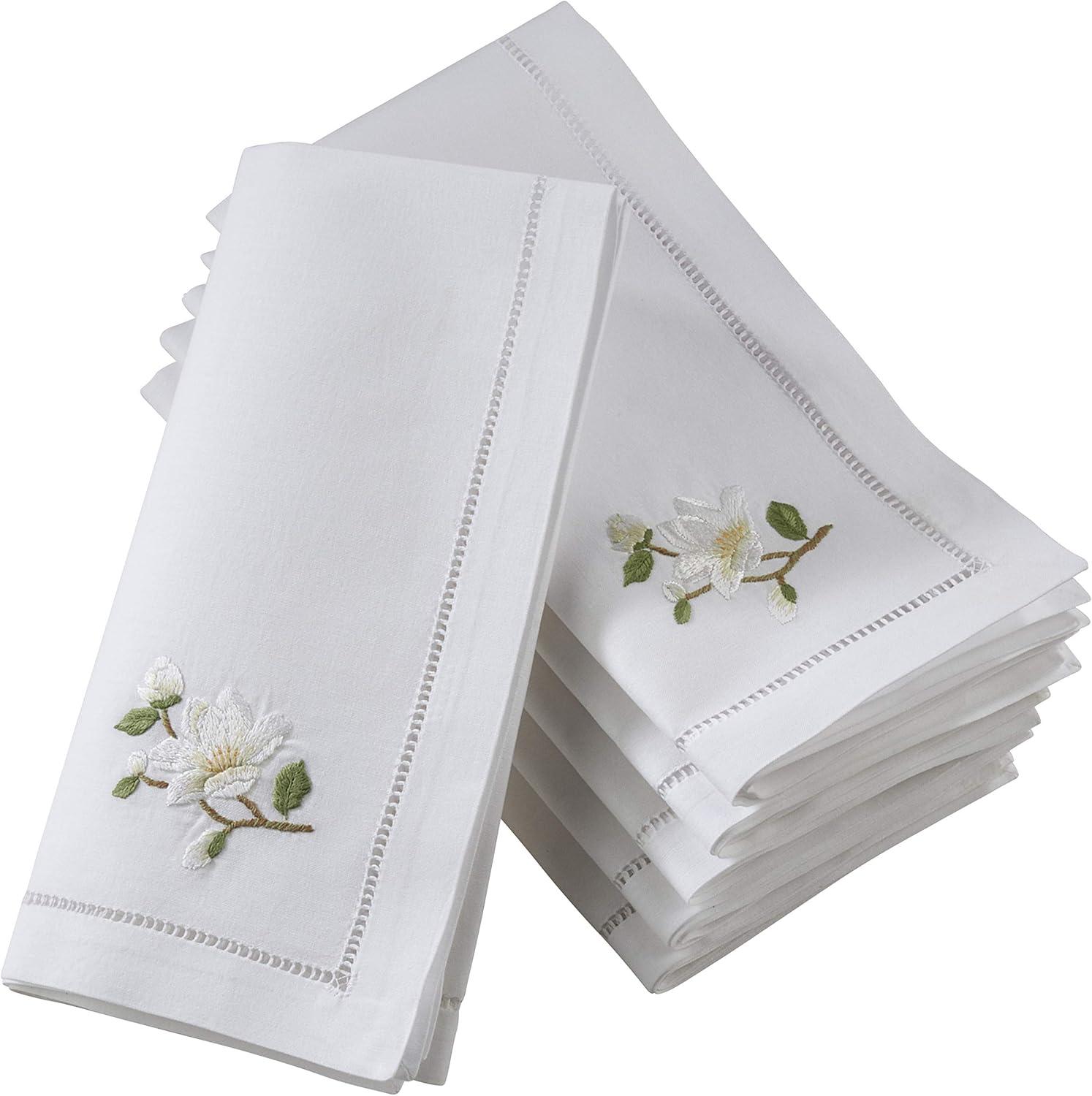 White Cotton Hemstitch Napkins with Embroidered Magnolia, 20" Square, Set of 6