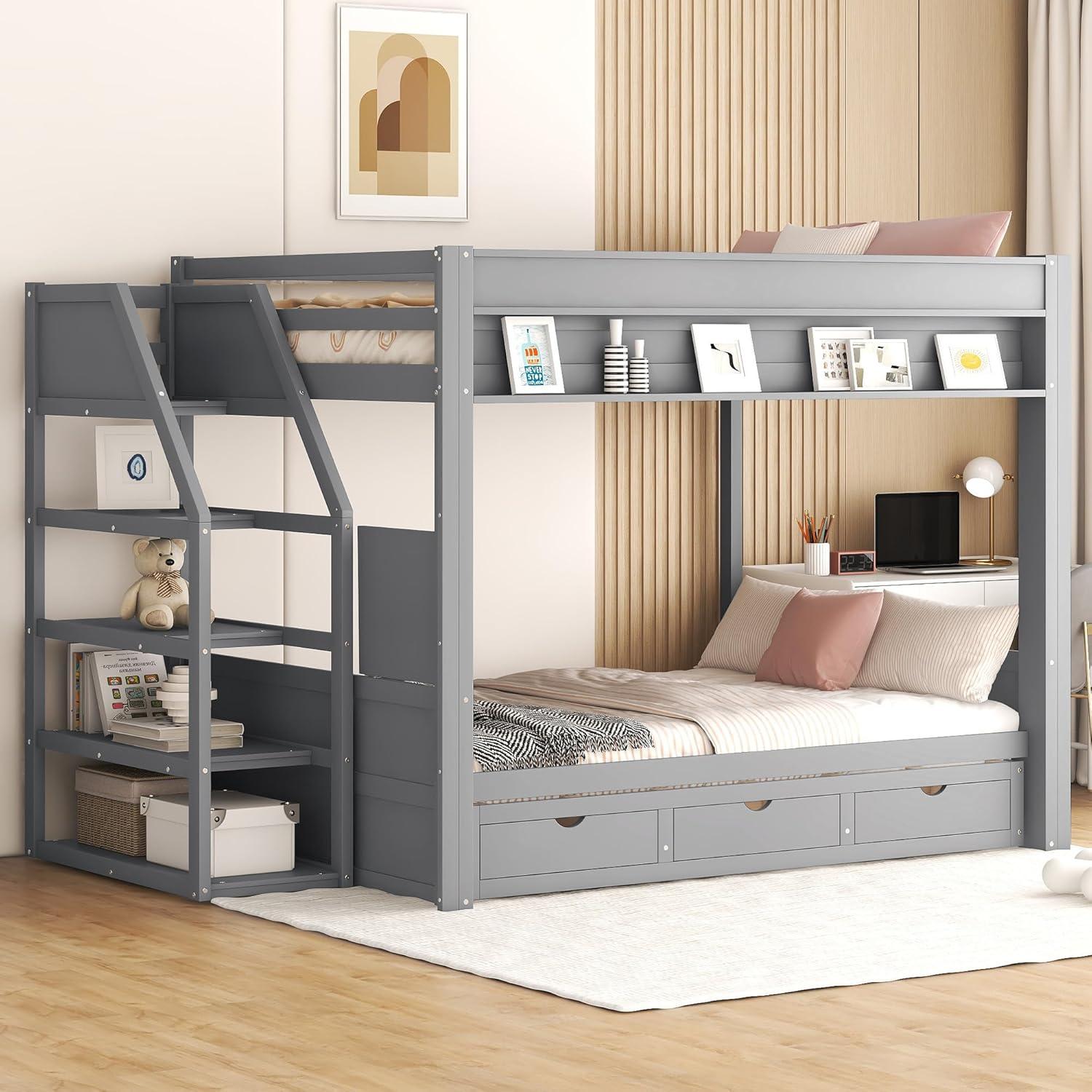 Harper & Bright Designs Full Over Full/Futon Bunk Beds with Stairs and 3 Drawers, Built-in Shelf, Bottom Bed can be Converted into Daybed, Solid Wood Bunk Bed Frame - Gray
