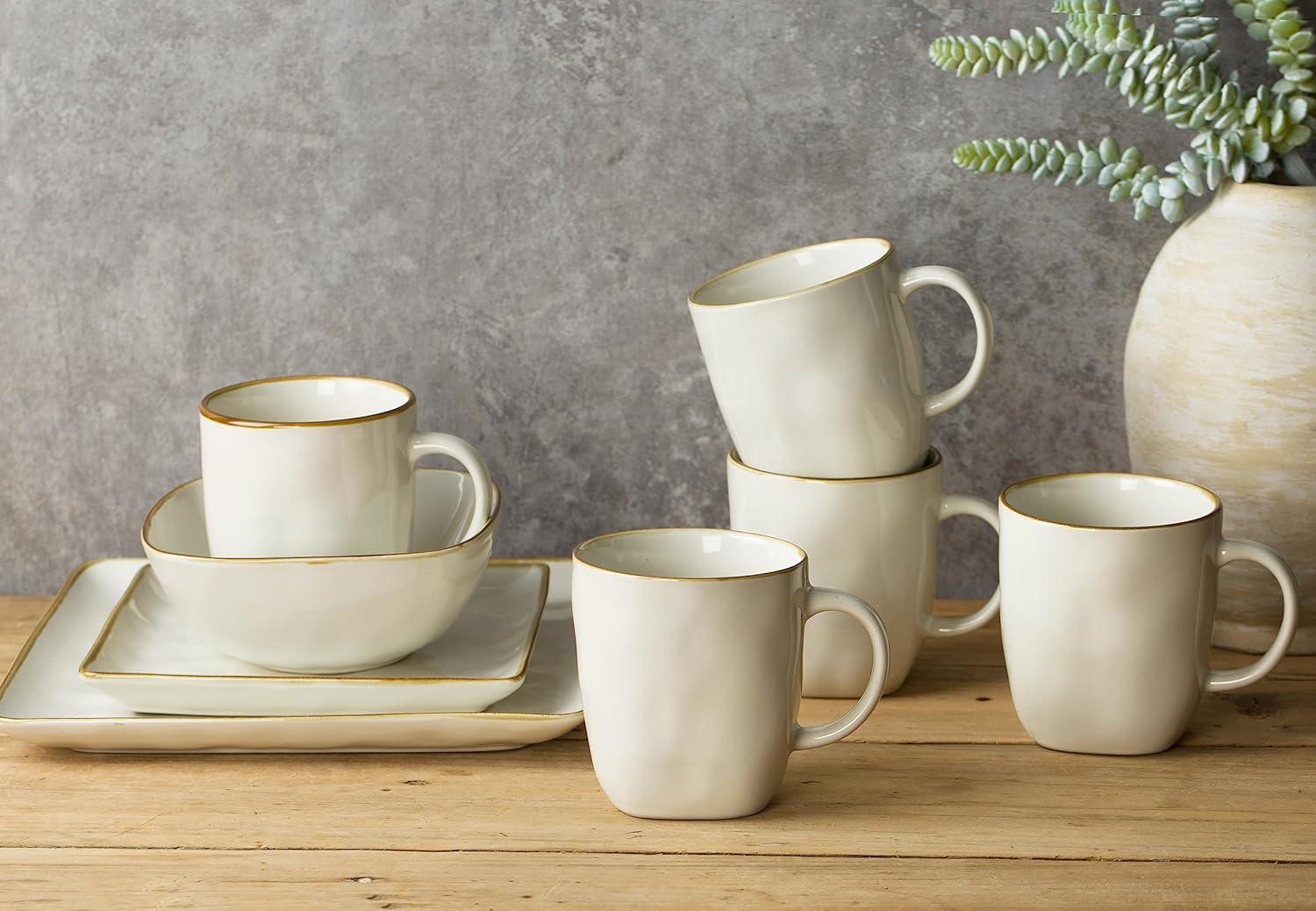 FAST APPLIANCES LLC Coffee Mugs Set Of 4, Ocean Square 13Oz Coffee Cup Set With Handle For Cocoa, Milk, Hot Chocolate, Tea, Water, Stoneware Cups For Kitchen, Microwave And Dishwasher Safe, Vanilla White