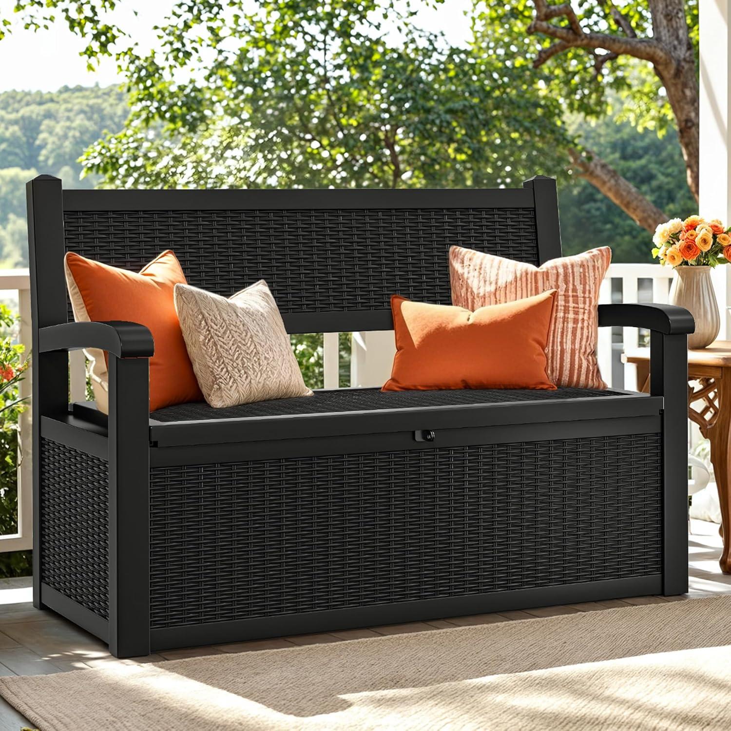 YITAHOME 32 Gallon Rattan Deck Box, Indoor Outdoor Storage Box for Patio Furniture, Pool Accessories, Cushions, Garden Tools, Sports Equipment, Waterproof Resin with Lockable Lid & Side Handles, Black
