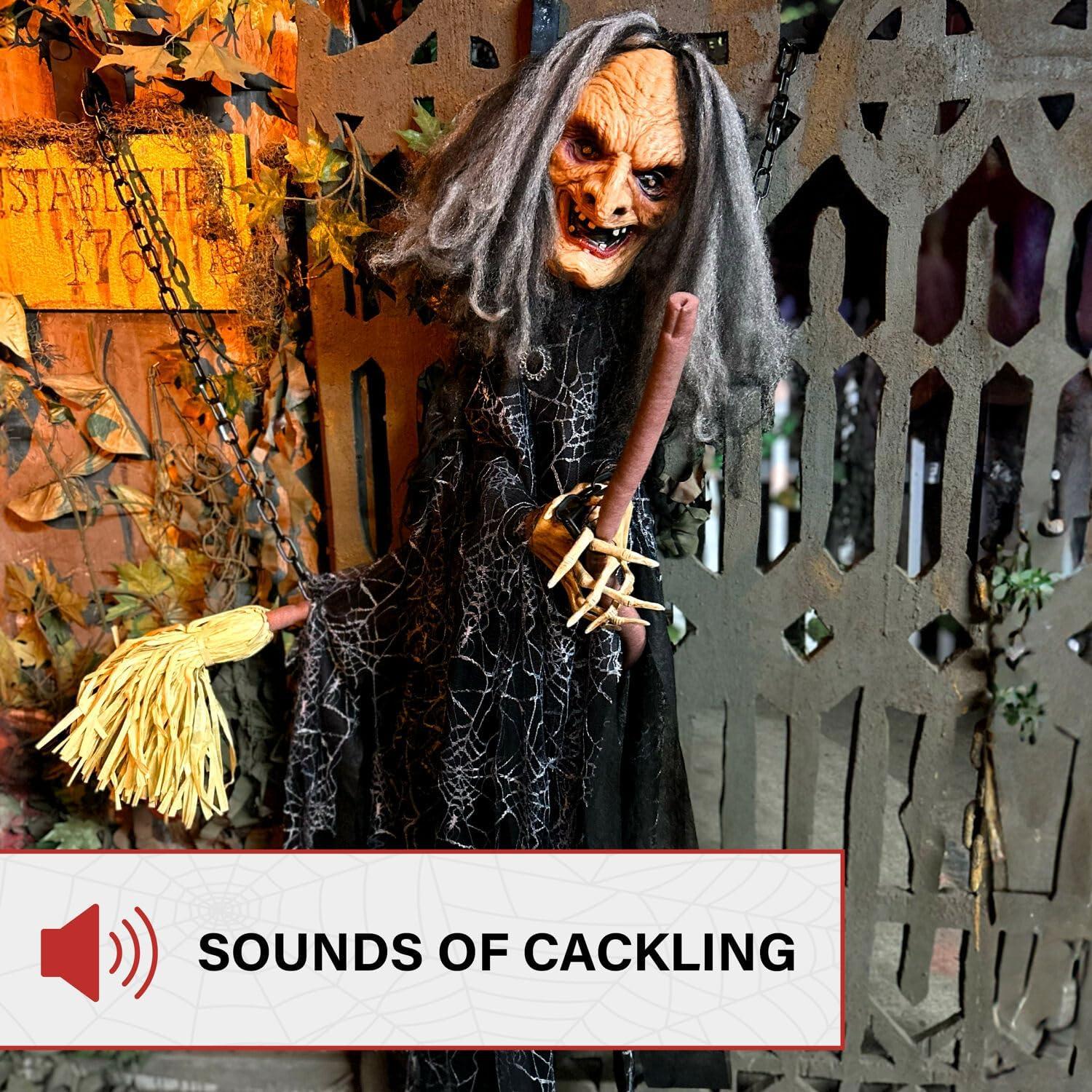 Haunted Hill Farm Lifesize Witch Prop with Lights and Sound, Indoor/Covered Outdoor Halloween Decoration