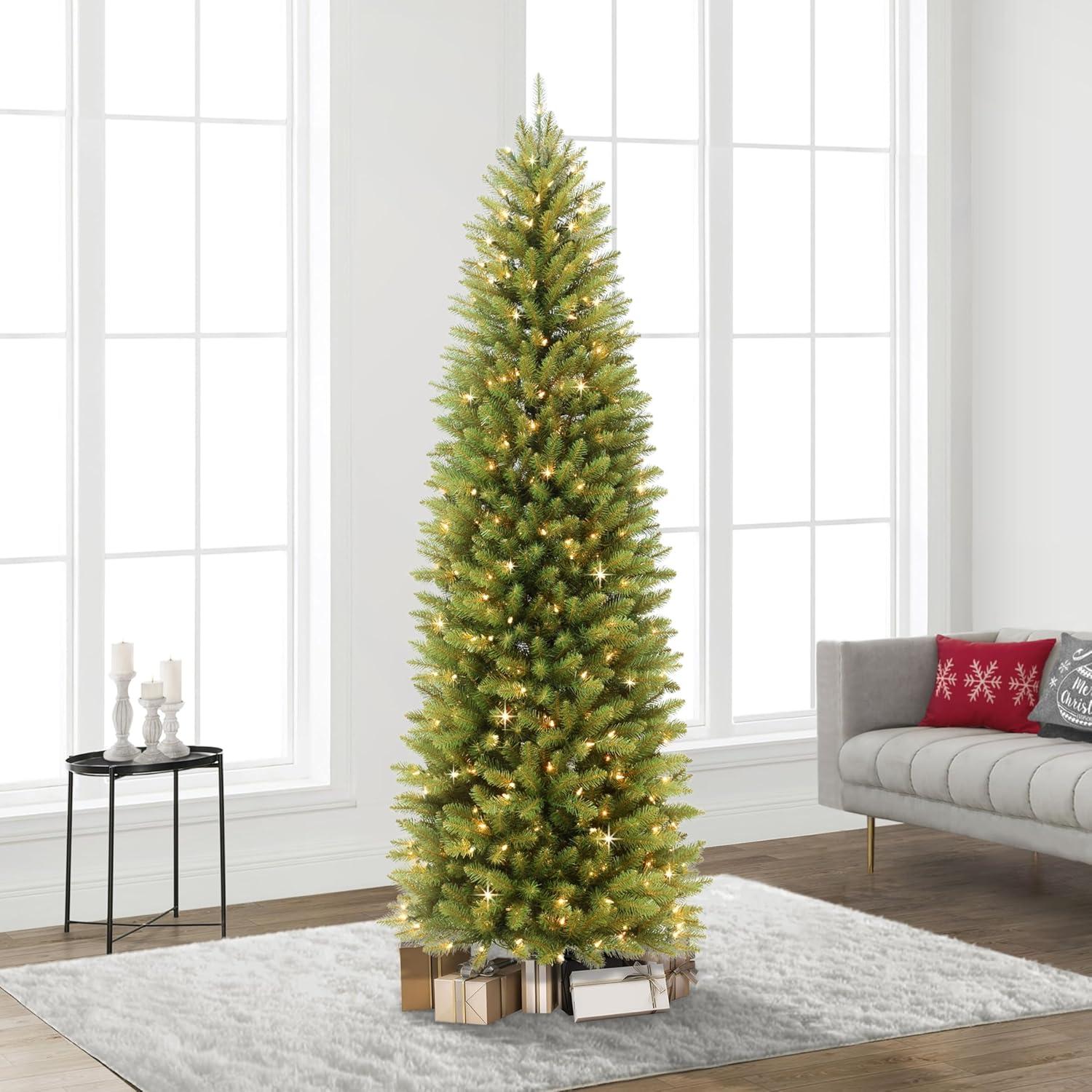 Puleo International 7.5' Pre-Lit Fraser Fir Pencil Tree Artificial Christmas Tree with 350 Clear UL Listed Lights