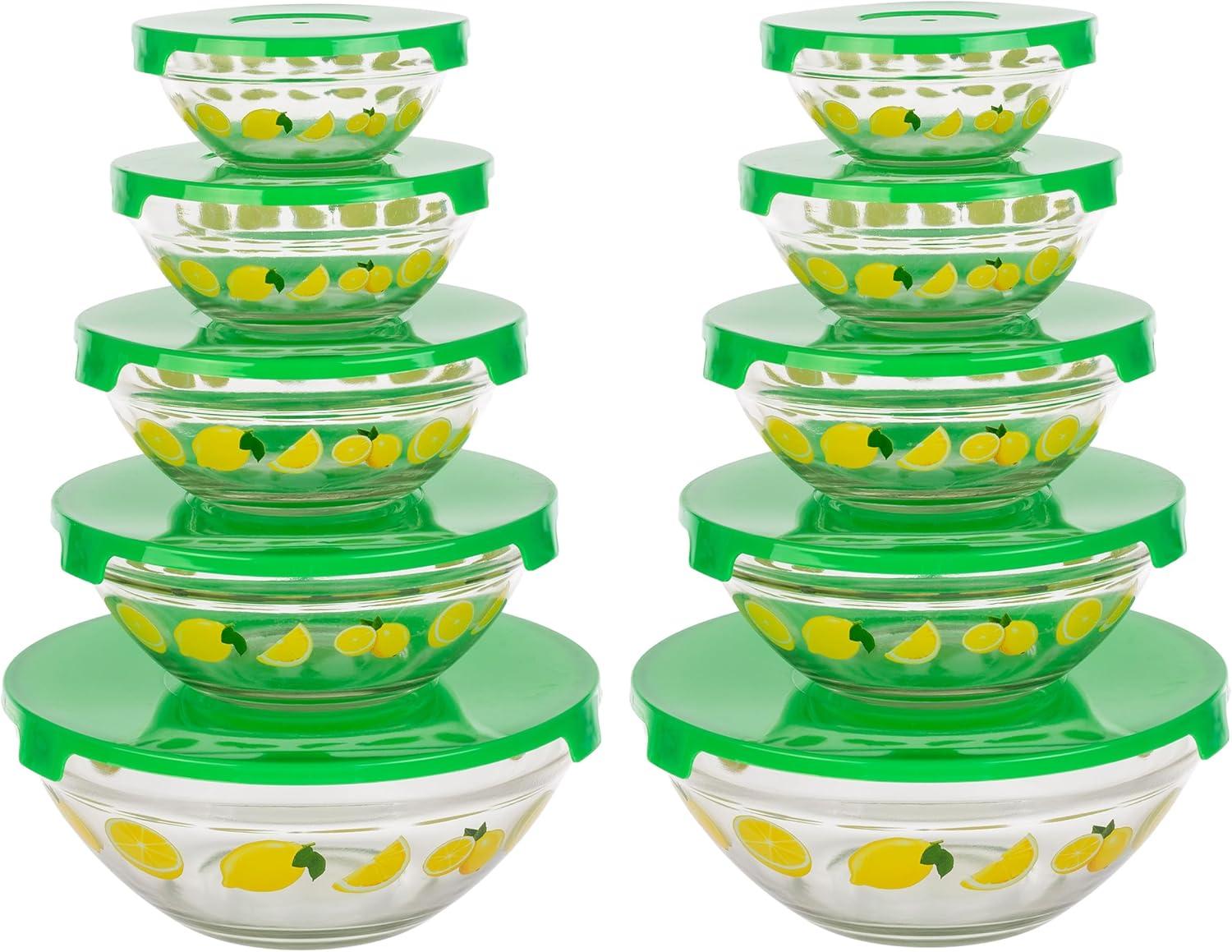 20-Piece Glass Bowls with Lids Set - Lemon Design Mixing Bowls Set with Multiple Sizes