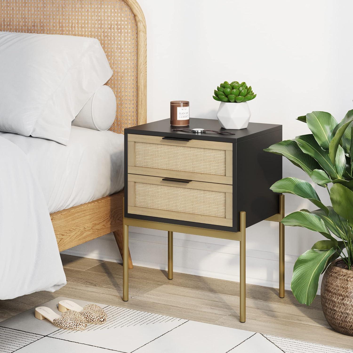 Nathan James Andrew 2 Drawers Side Table Matte Black Rattan: Brass Gold Hardware, Durable Metal Legs