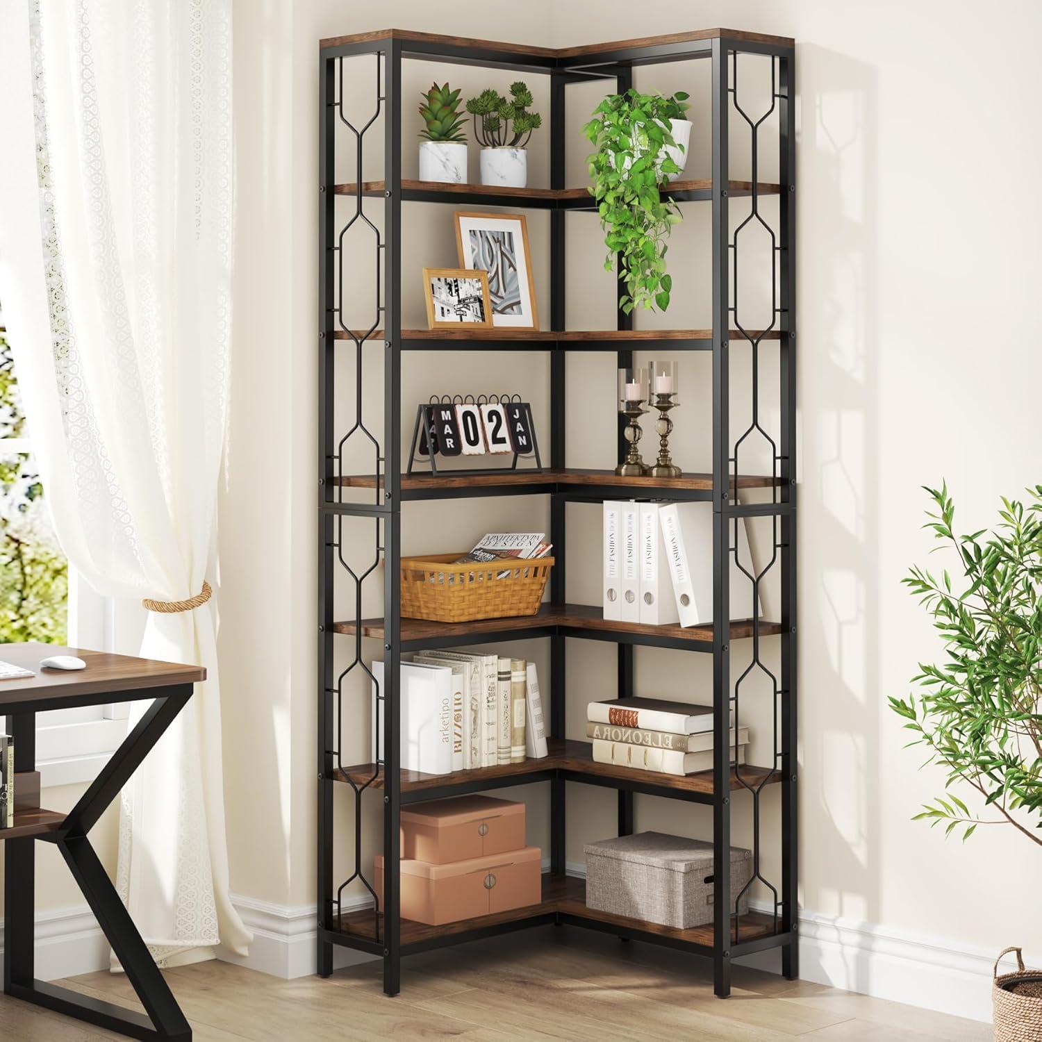 Rustic Brown 7-Tier Wood and Metal Corner Bookshelf