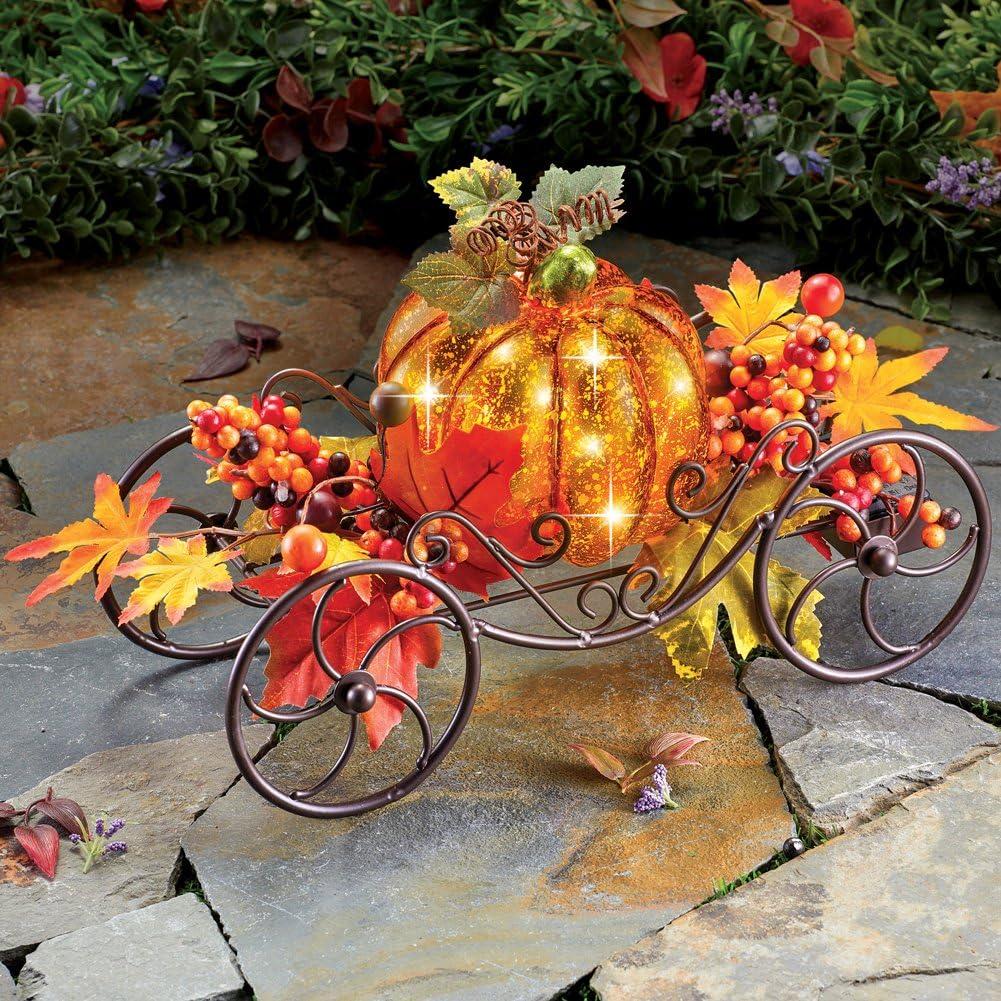 Collections Etc Solar Pumpkin Light Up Wagon, Fall Outdoor Décor, Metal