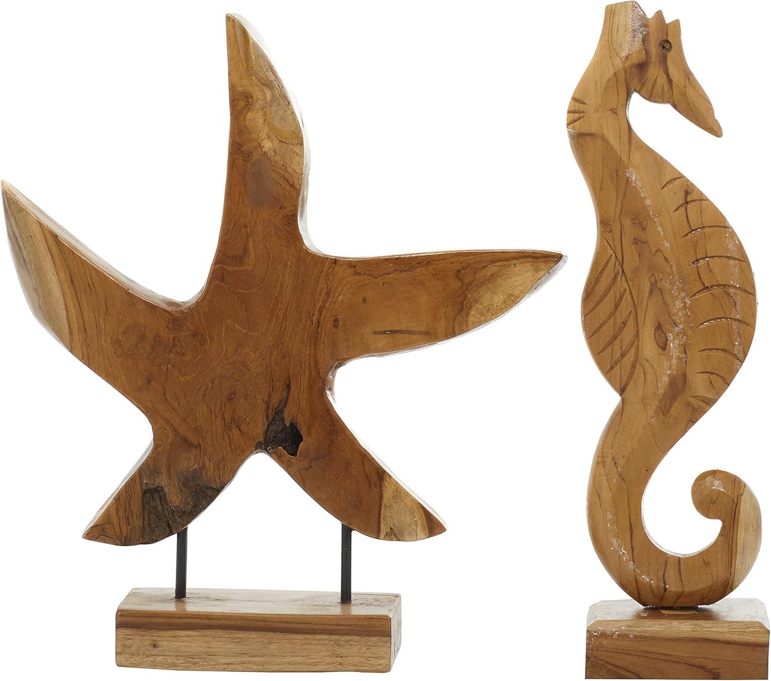 17", 18"H Brown Teak Wood Handmade Carved Sea Horse Sculpture with Starfish, by DecMode (2 Count)