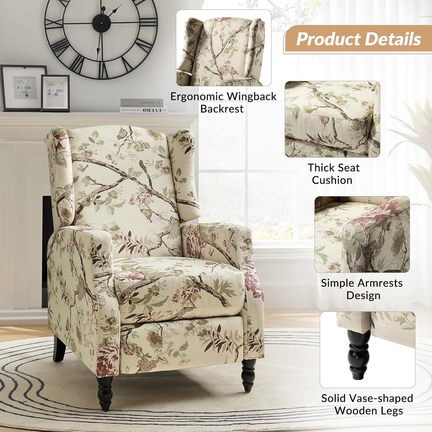 Fabric Wingback Manual Recliner Set of 2 Traditional Push Back Upholstered Armchair Sofa Home Theater Living Room Bird
