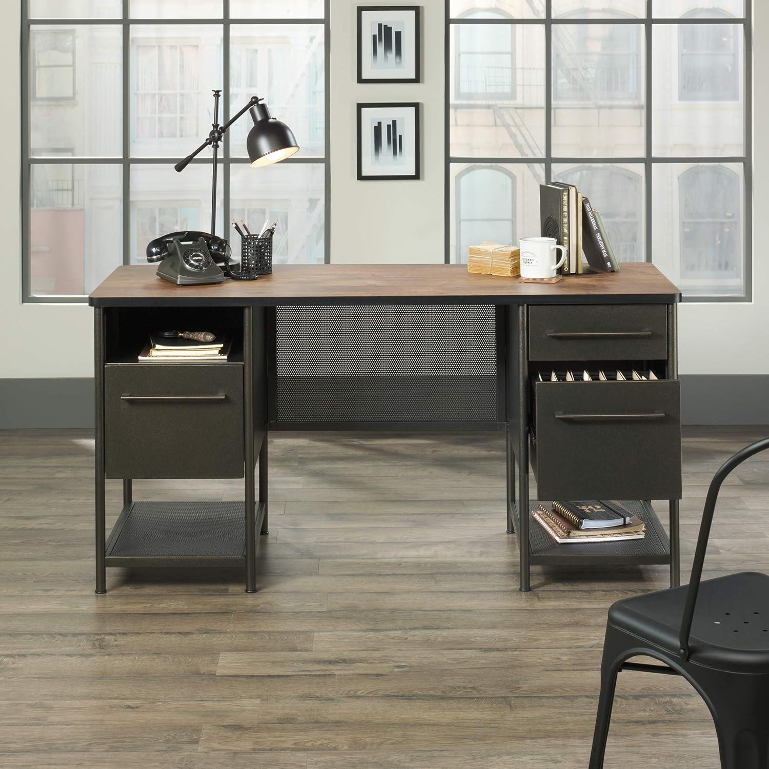 Black Executive Desk with Drawers and Oak Accent