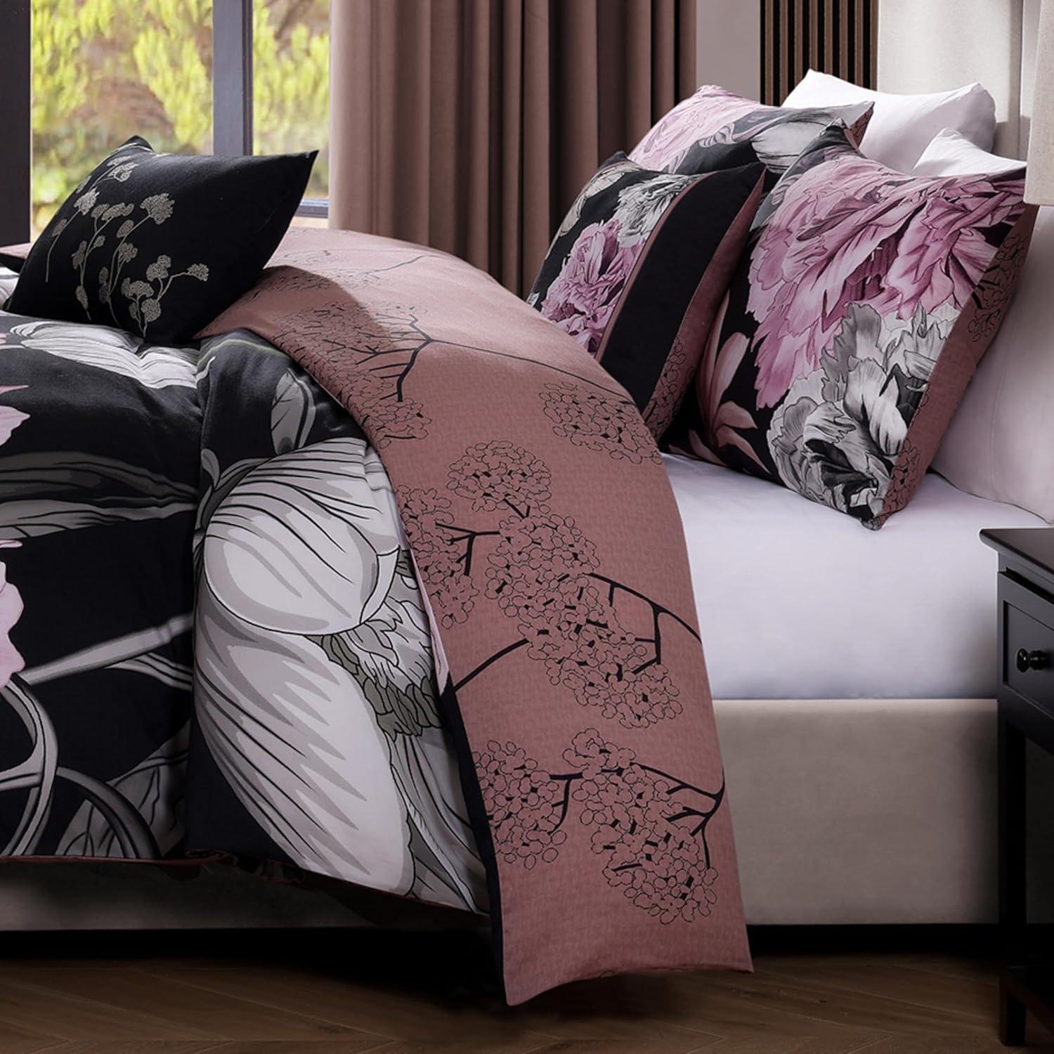 BeBeJan Bebejan Cool Pink Roses 200 Thread Count 100% Cotton Sateen 5-Piece Reversible Comforter Set