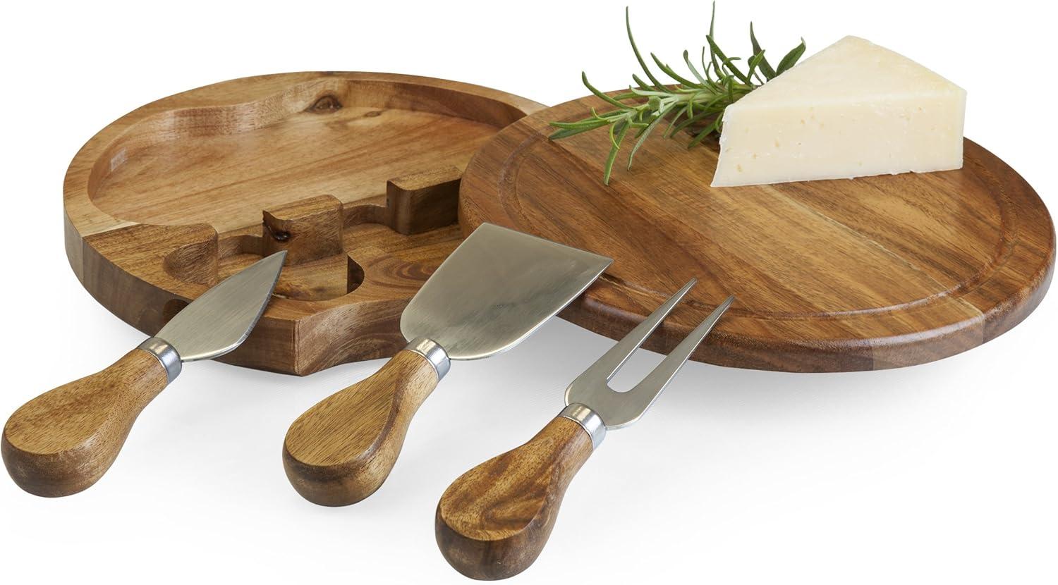 Acacia Round Cheese Board Set - Picnic Time: Charcuterie & Cutting Board, Lightweight Acacia, 7.5" Brown